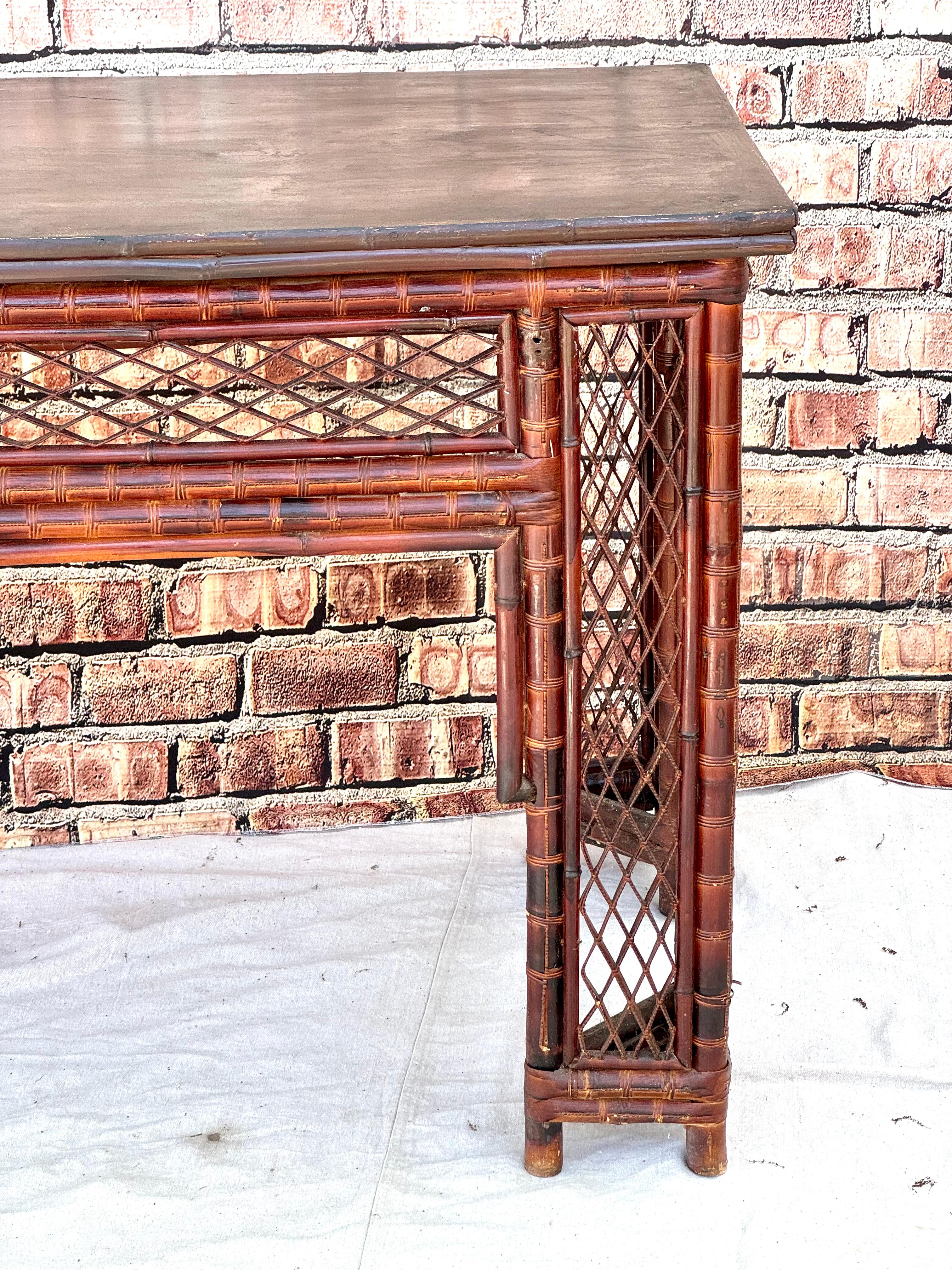  Chinese Export Bamboo Fretwork Library Table For Sale 2