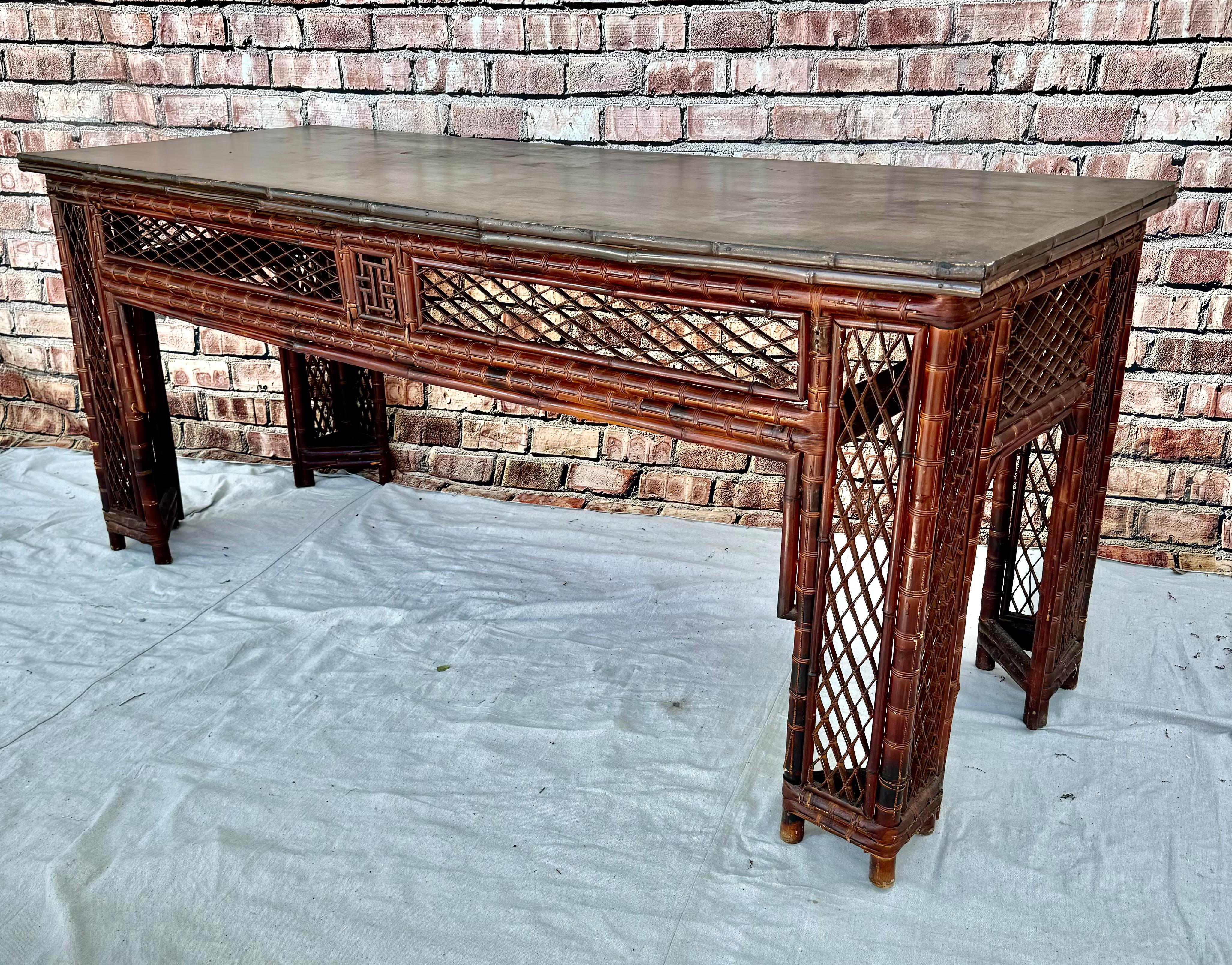  Chinese Export Bamboo Fretwork Library Table For Sale 3