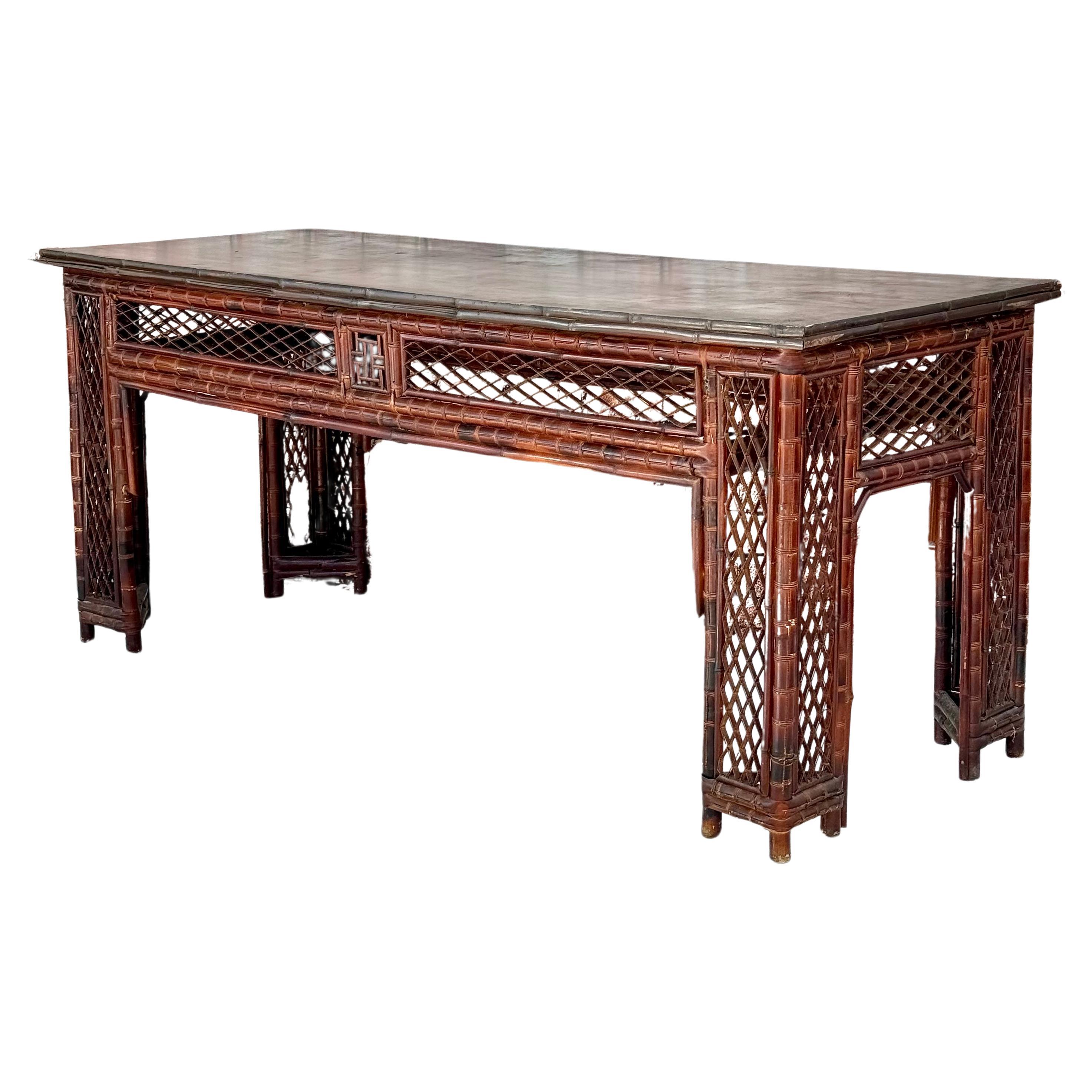  Chinese Export Bamboo Fretwork Library Table For Sale