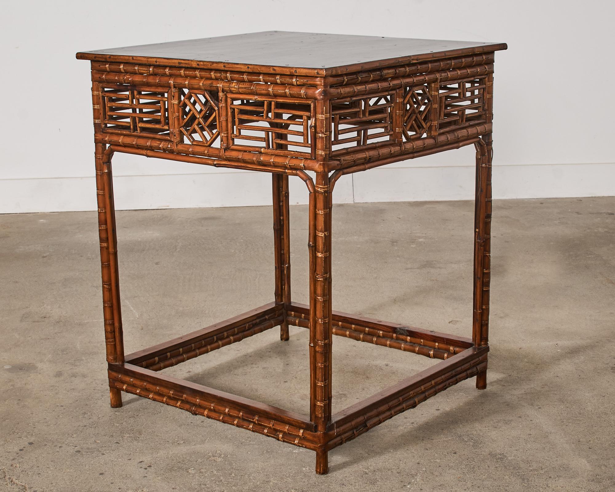 Hand-Crafted Chinese Export Bamboo Fretwork Square Center Table For Sale