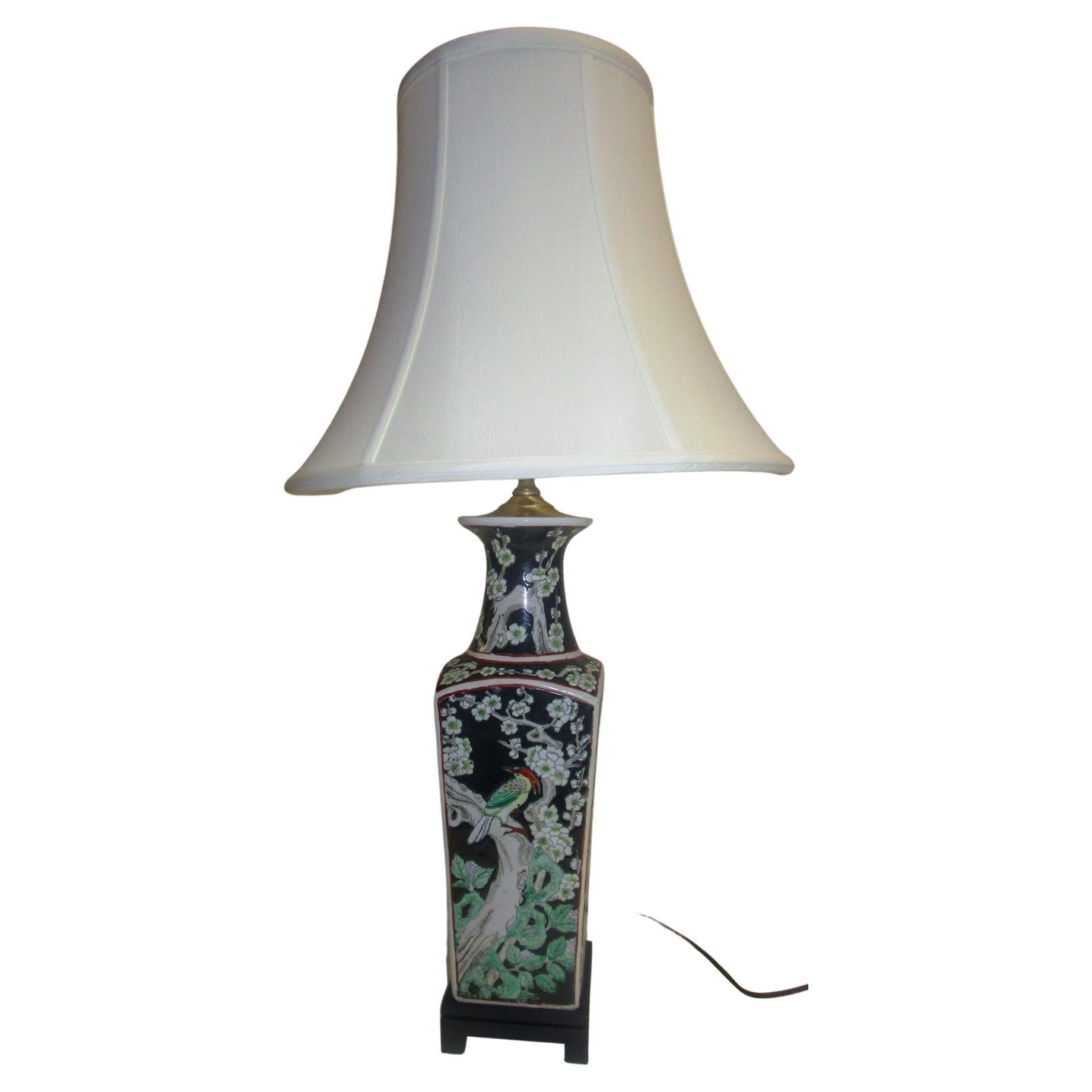 Chinese Export Black Ceramic Table Lamp with Floral and Bird Design For Sale
