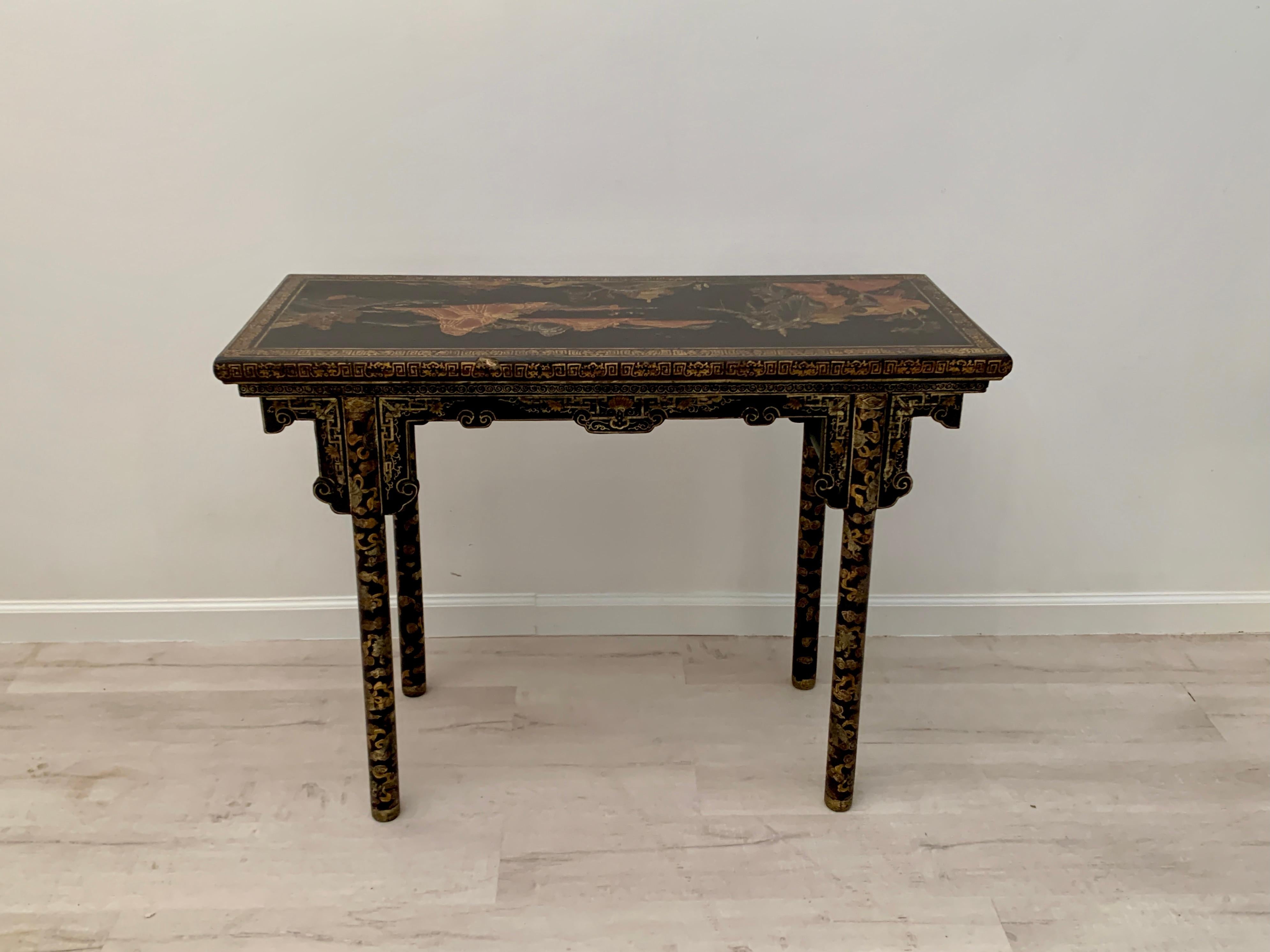 Softwood Chinese Export Black Lacquer and Gilt Console, Early 20th Century, China