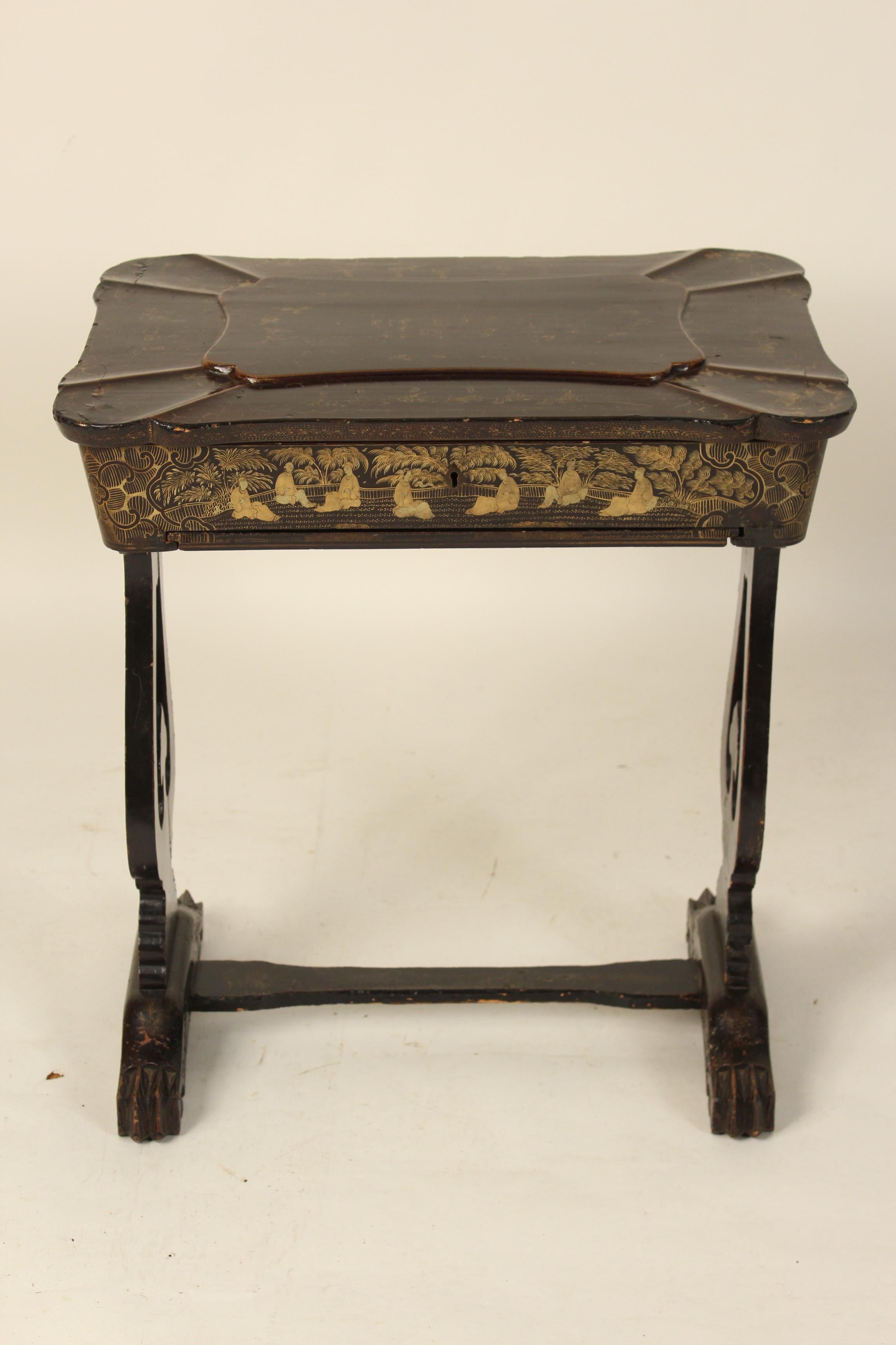 Chinese export black lacquer and gilt decorated sewing / occasional table, late 19th century.