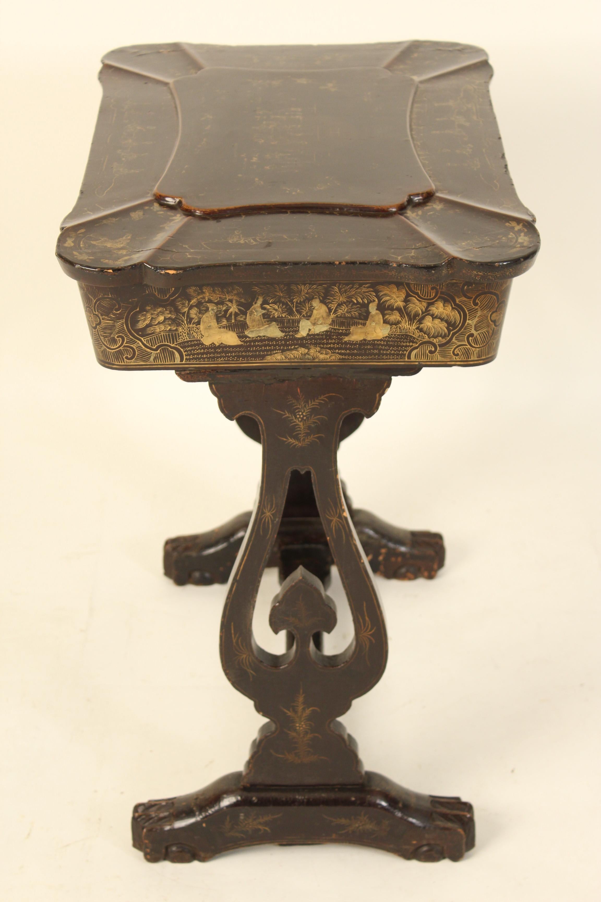 19th Century Chinese Export Black Lacquer and Gilt Decorated Sewing Table For Sale