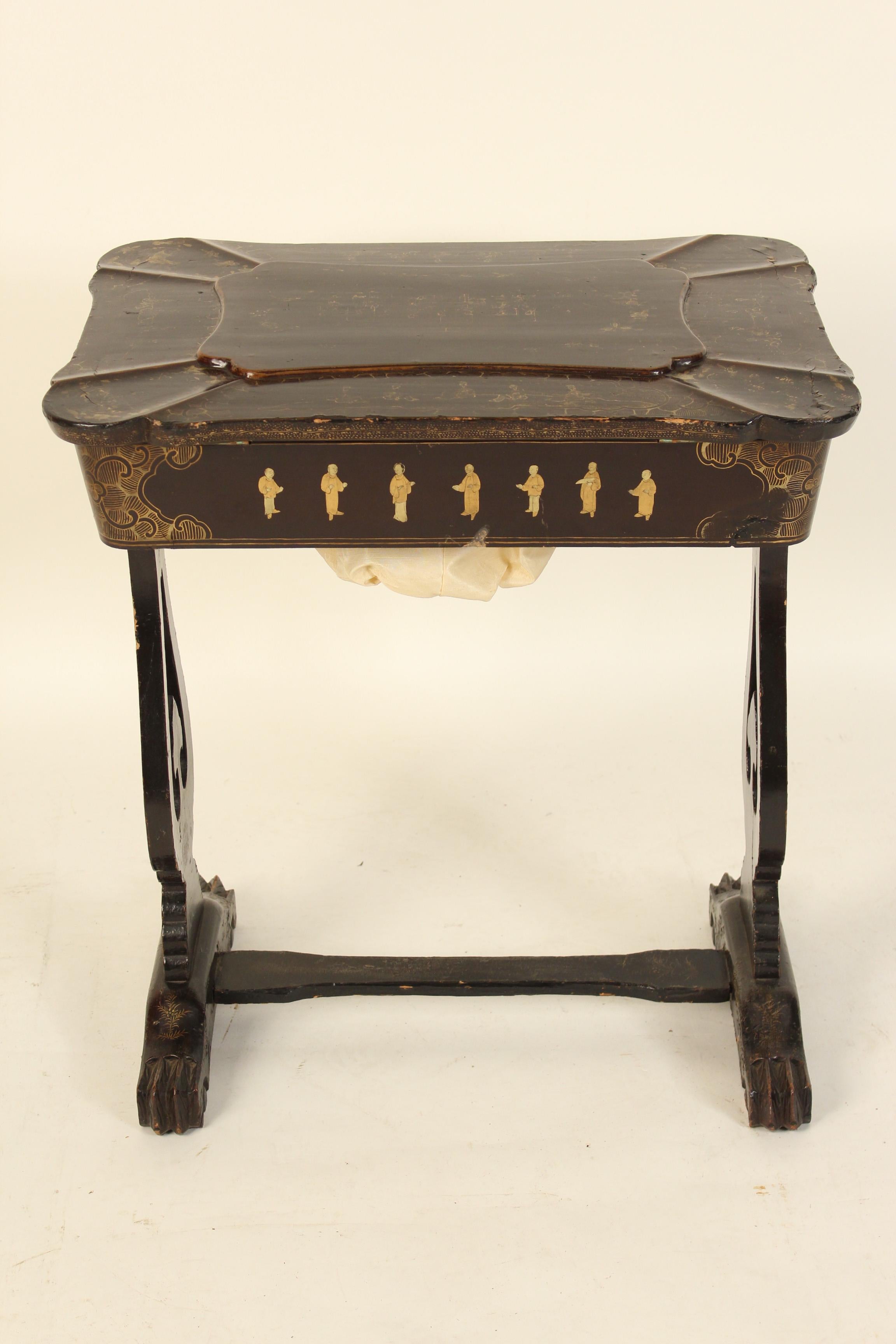 Bone Chinese Export Black Lacquer and Gilt Decorated Sewing Table For Sale