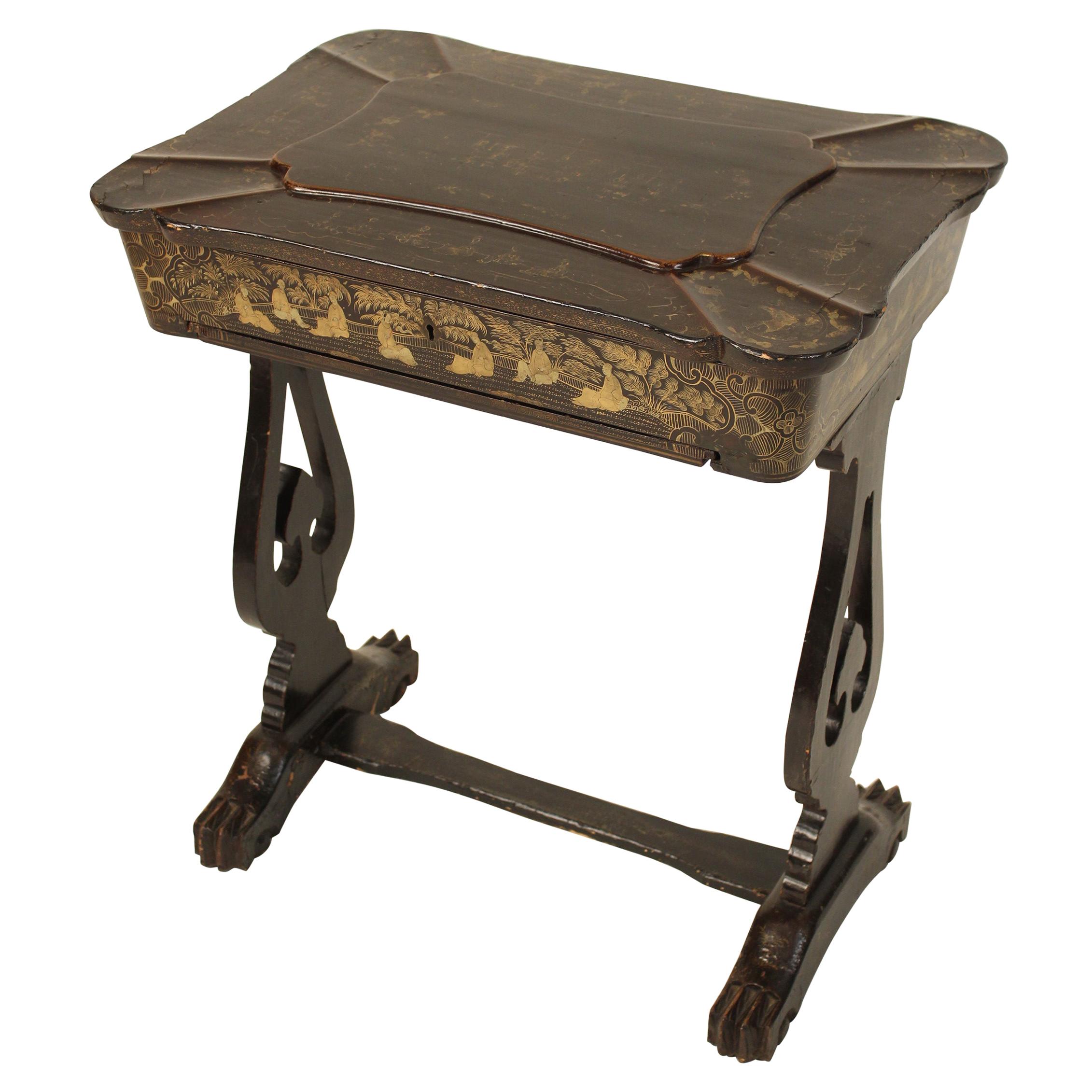 Chinese Export Black Lacquer and Gilt Decorated Sewing Table For Sale