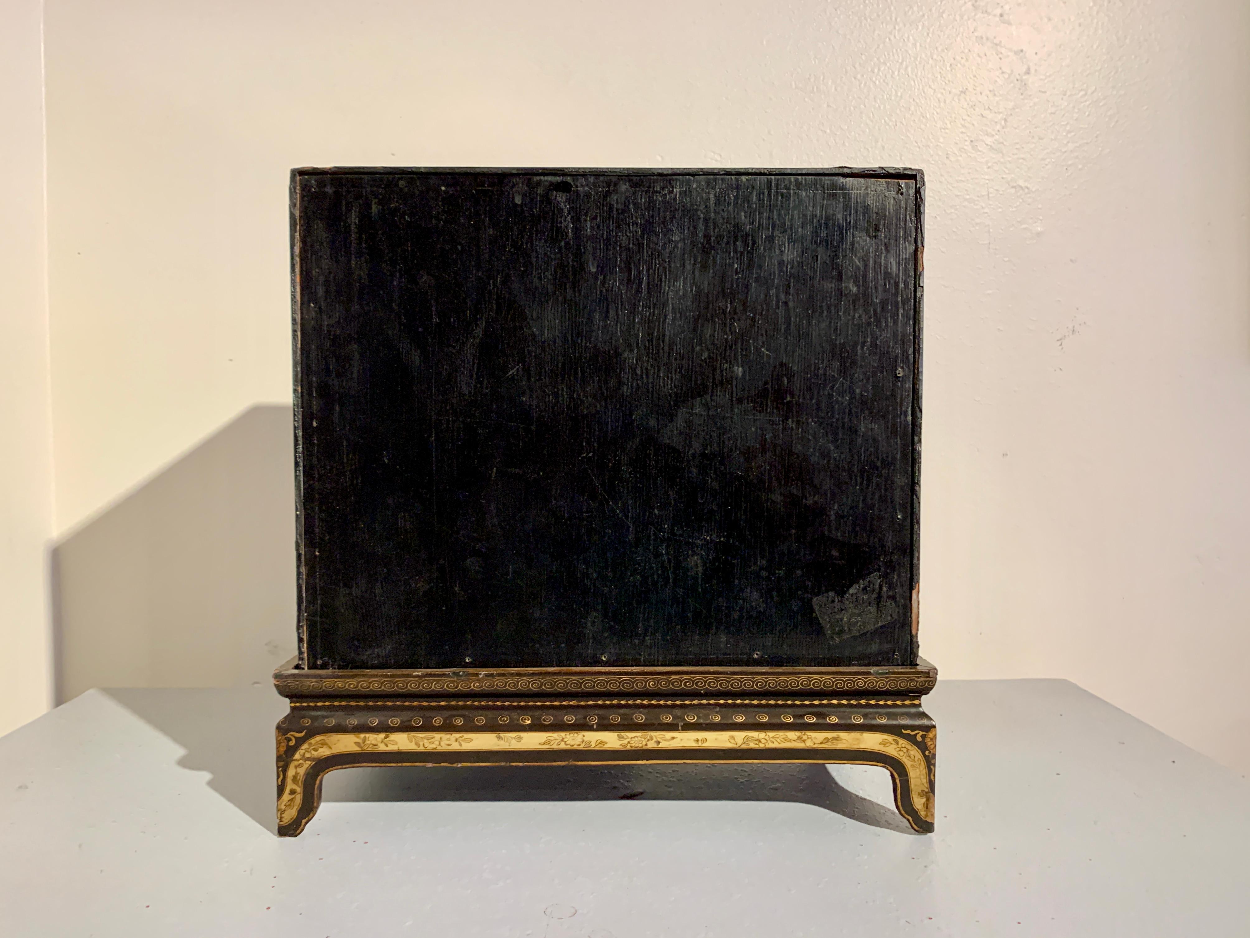 Softwood Chinese Export Black Lacquer and Gilt Painted Small Cabinet, Mid 19th Century