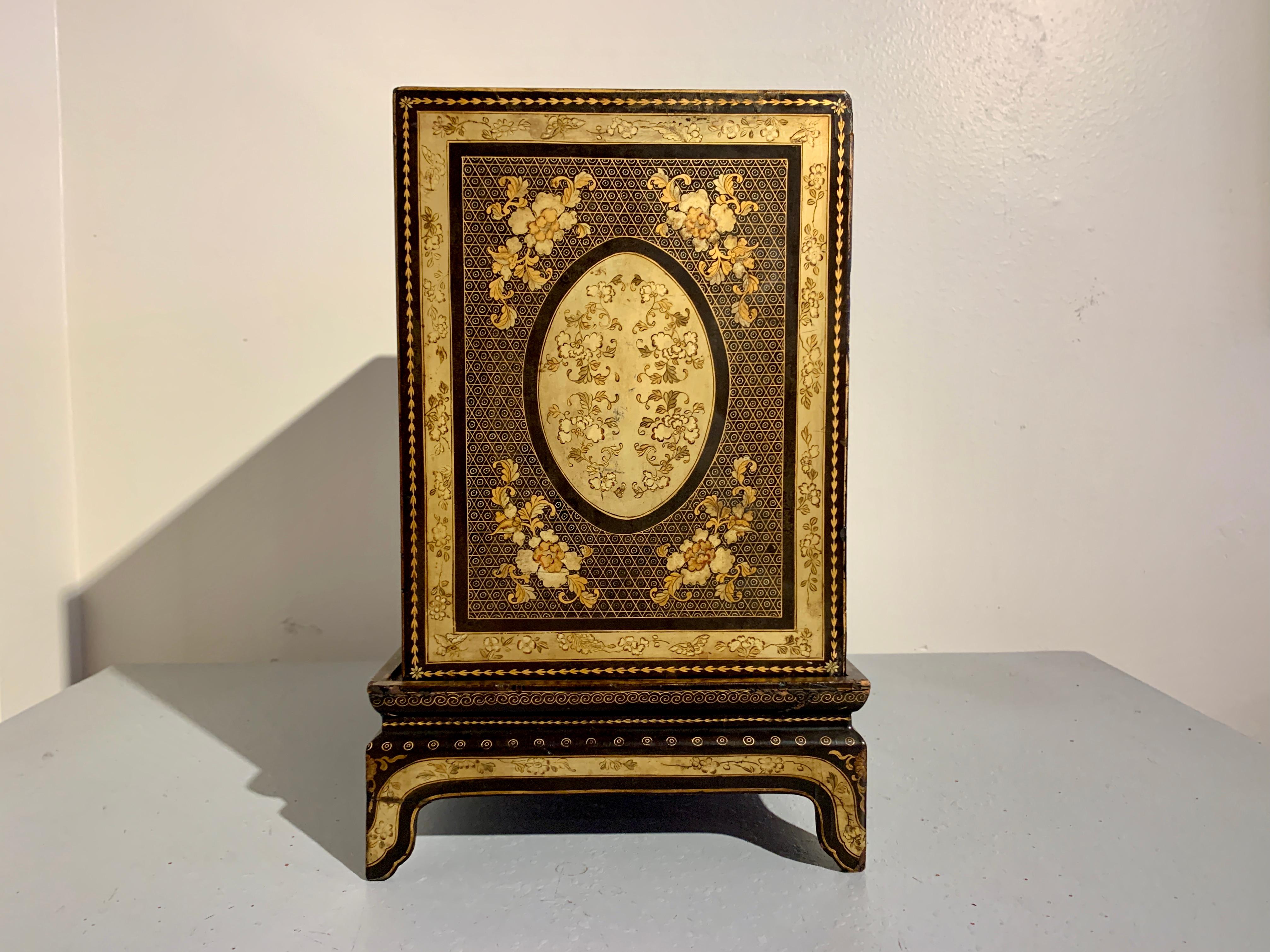 Chinese Export Black Lacquer and Gilt Painted Small Cabinet, Mid 19th Century 1