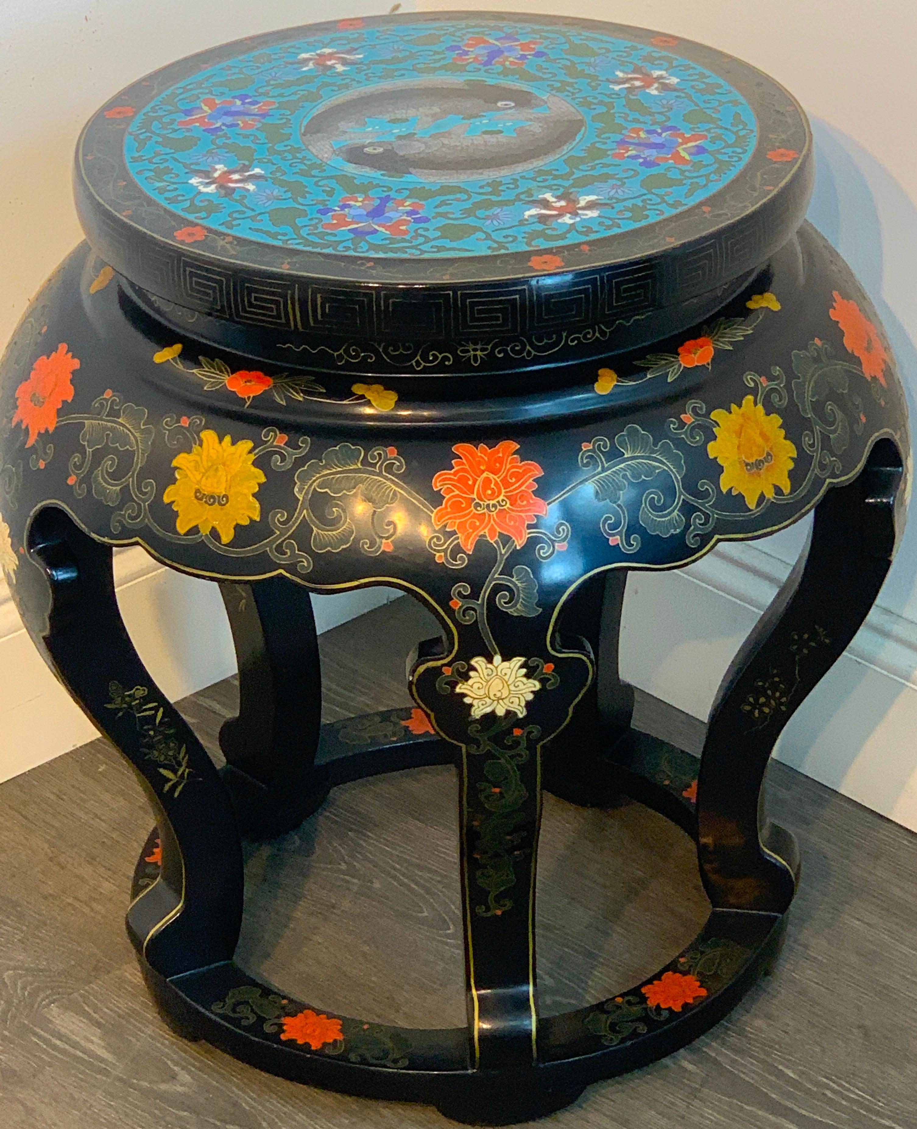 Chinese Export Black Lacquer and Cloisonné Koi Motif Table 5