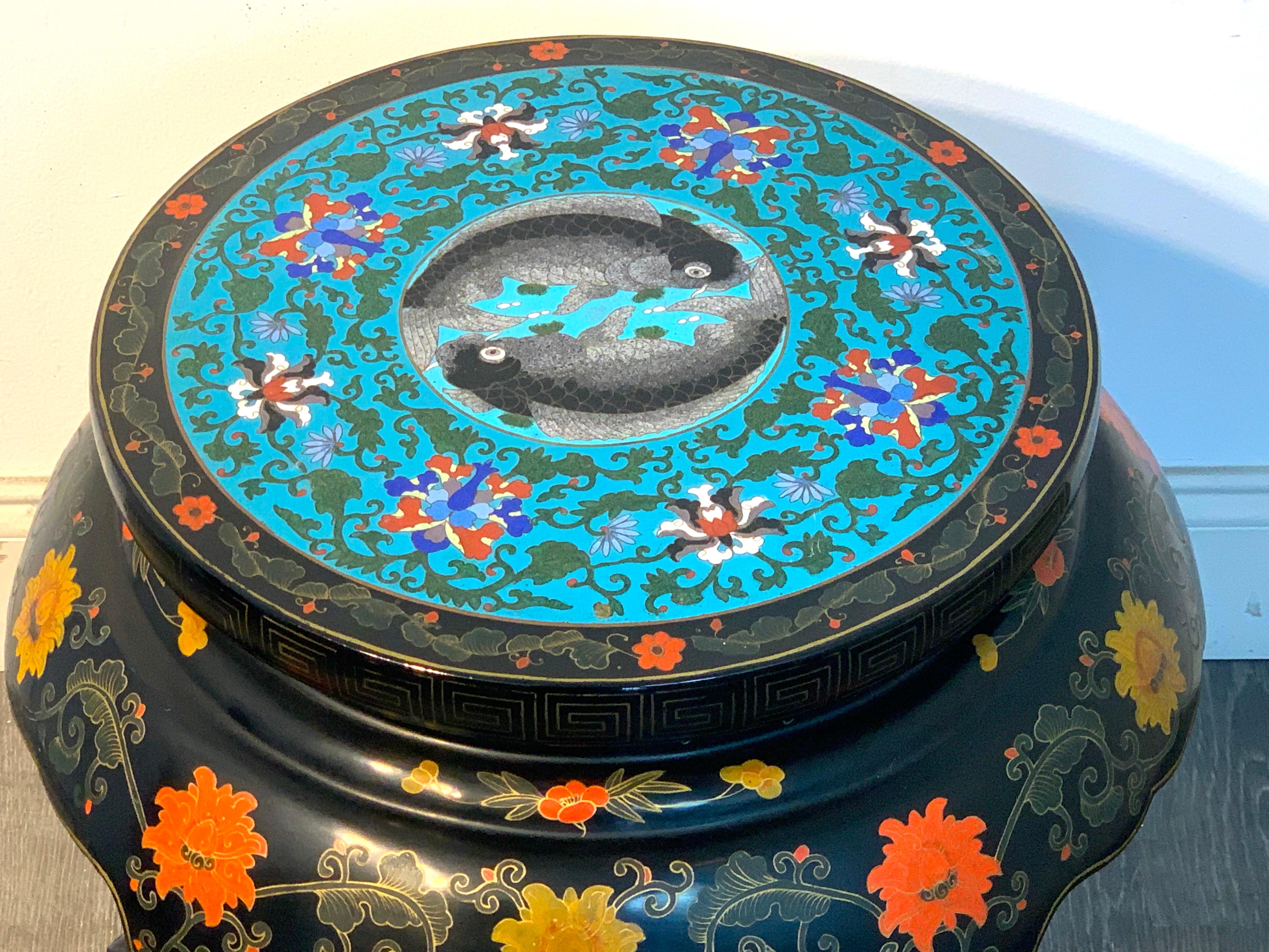 20th Century Chinese Export Black Lacquer and Cloisonné Koi Motif Table