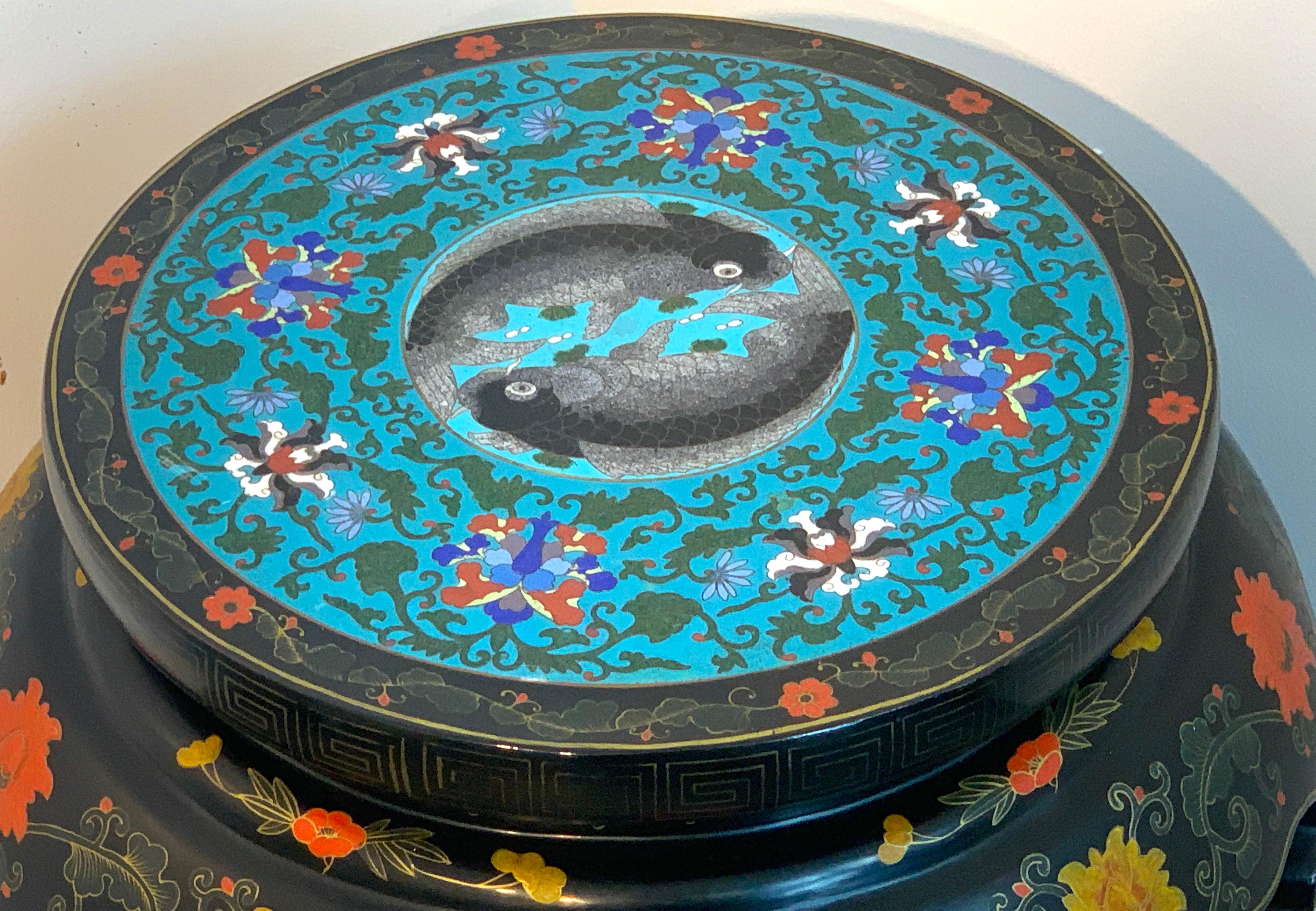 Brass Chinese Export Black Lacquer and Cloisonné Koi Motif Table