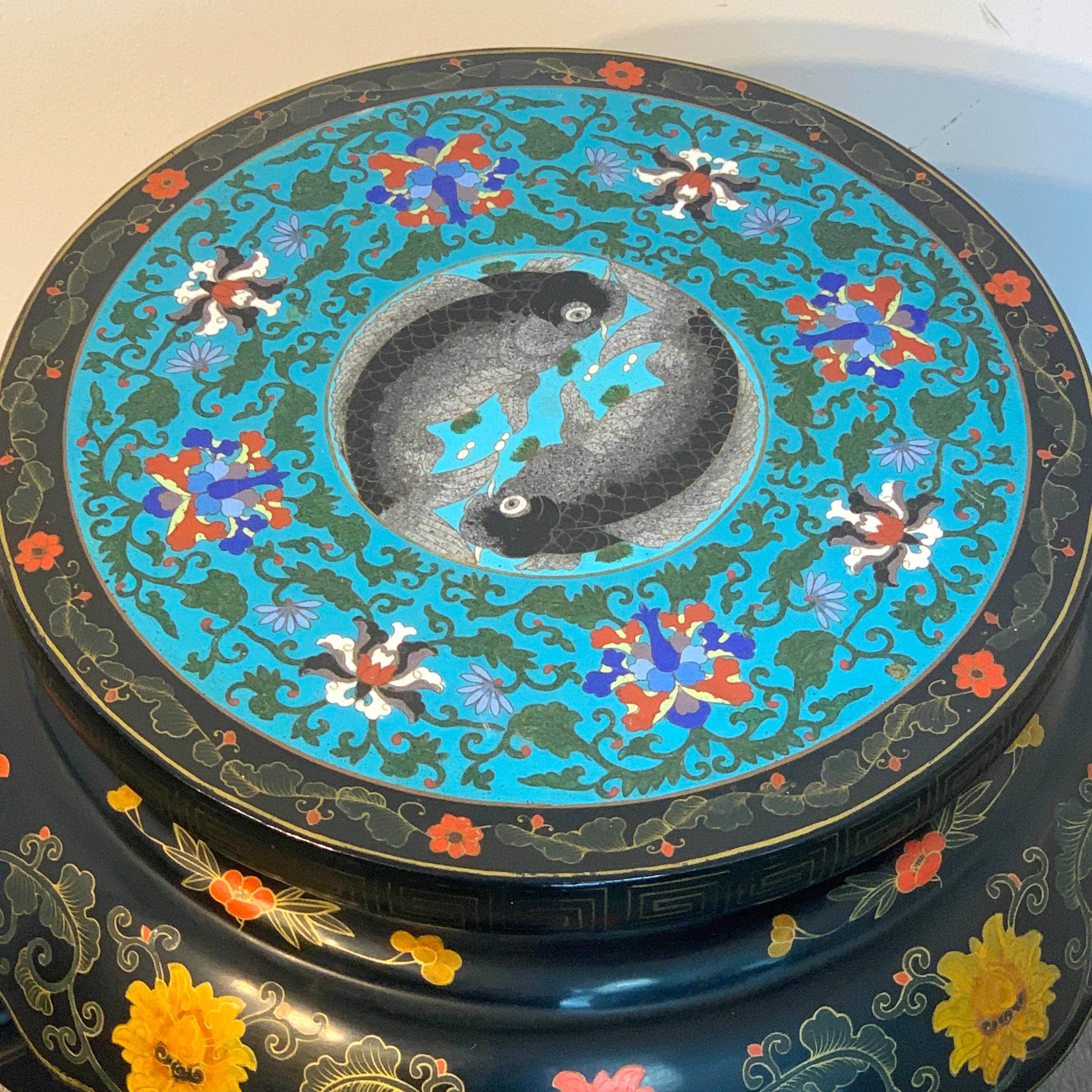 Chinese Export Black Lacquer and Cloisonné Koi Motif Table 1