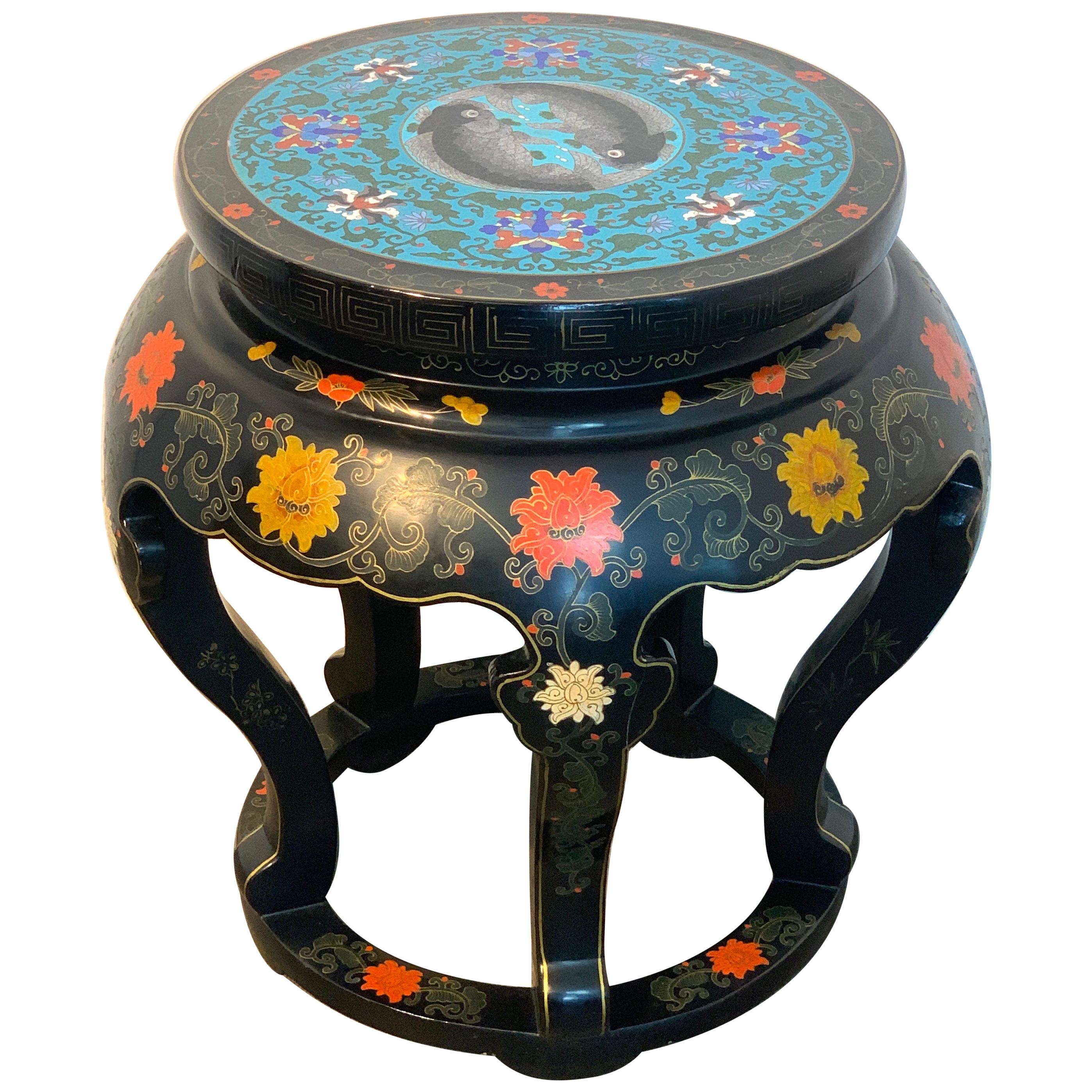 Chinese Export Black Lacquer and Cloisonné Koi Motif Table
