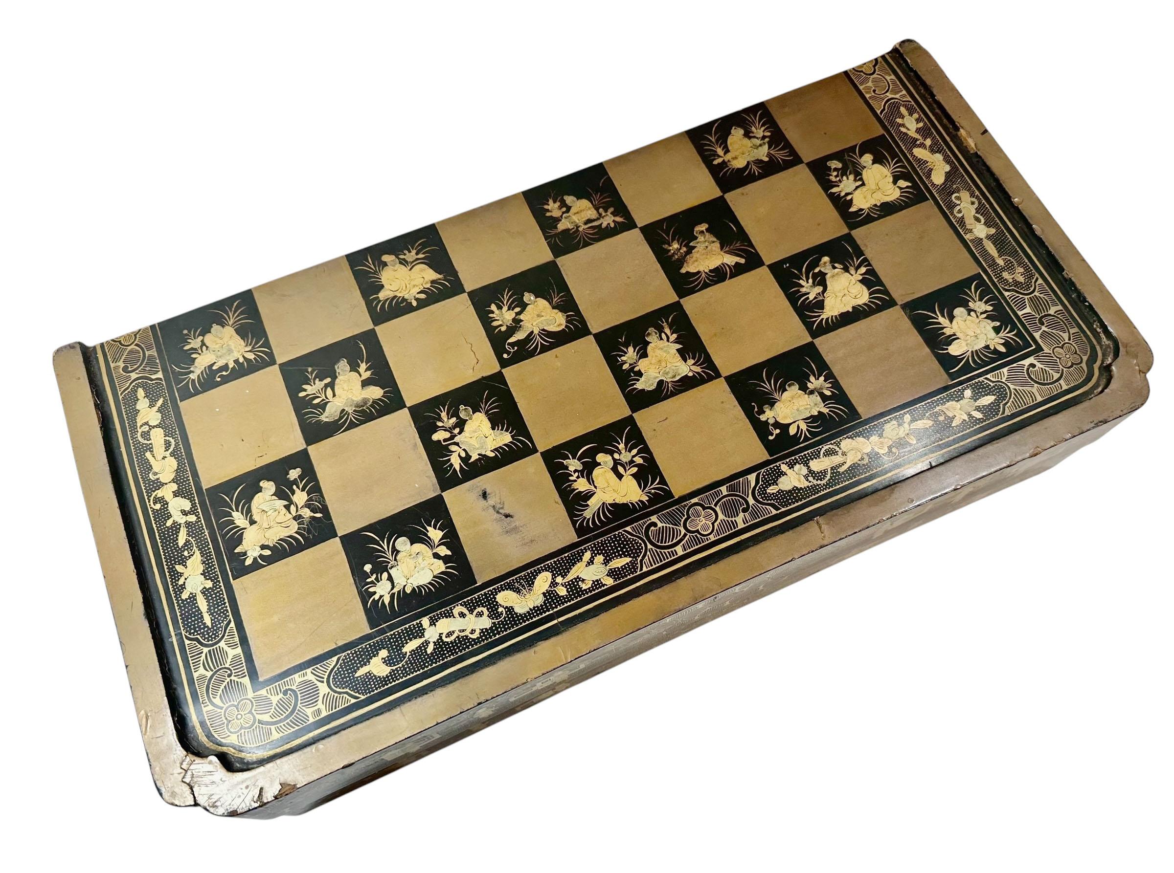 Caja plegable de ajedrez y backgammon de laca negra de exportación china en Bueno estado para la venta en Tampa, FL