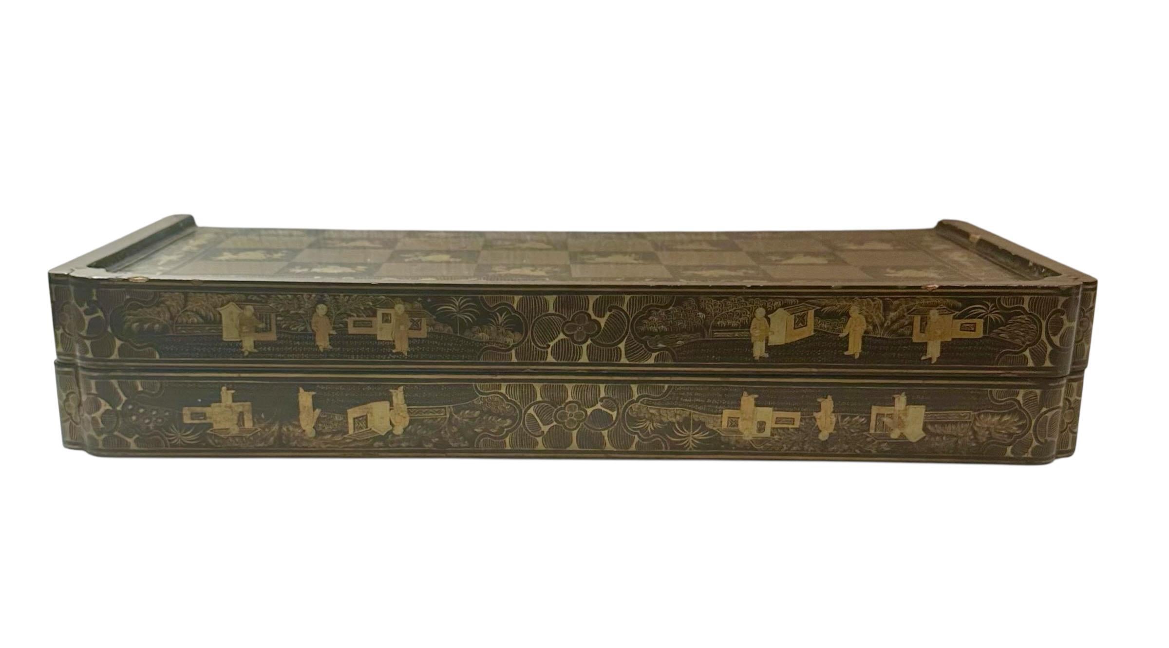 Caja plegable de ajedrez y backgammon de laca negra de exportación china Madera en venta