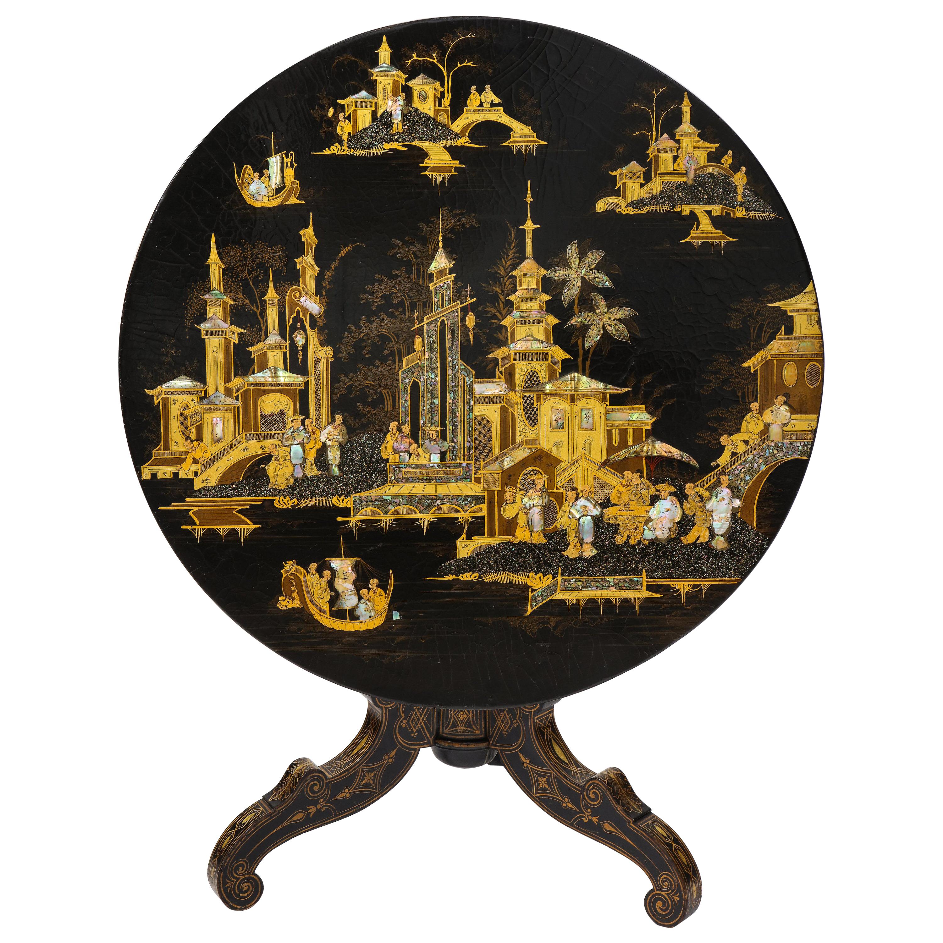 Chinese Export Black Lacquer, Gilt, and Mother of Pearl Center Table