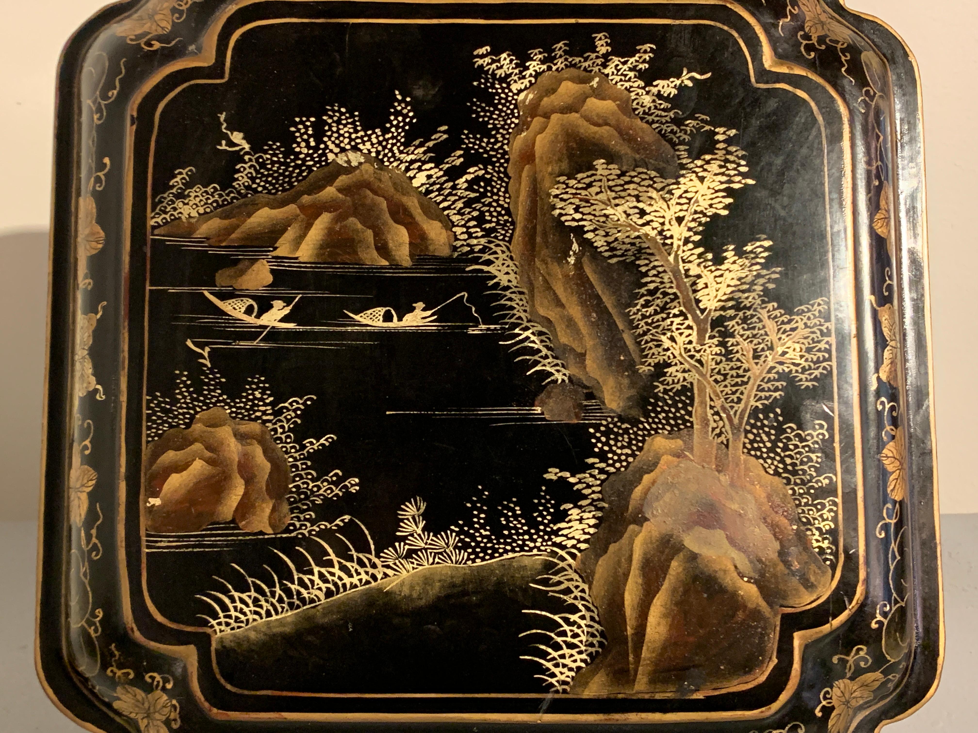 Chinese Export Black Lacquer Gilt Painted Box, Mid 20th Century, China For Sale 2