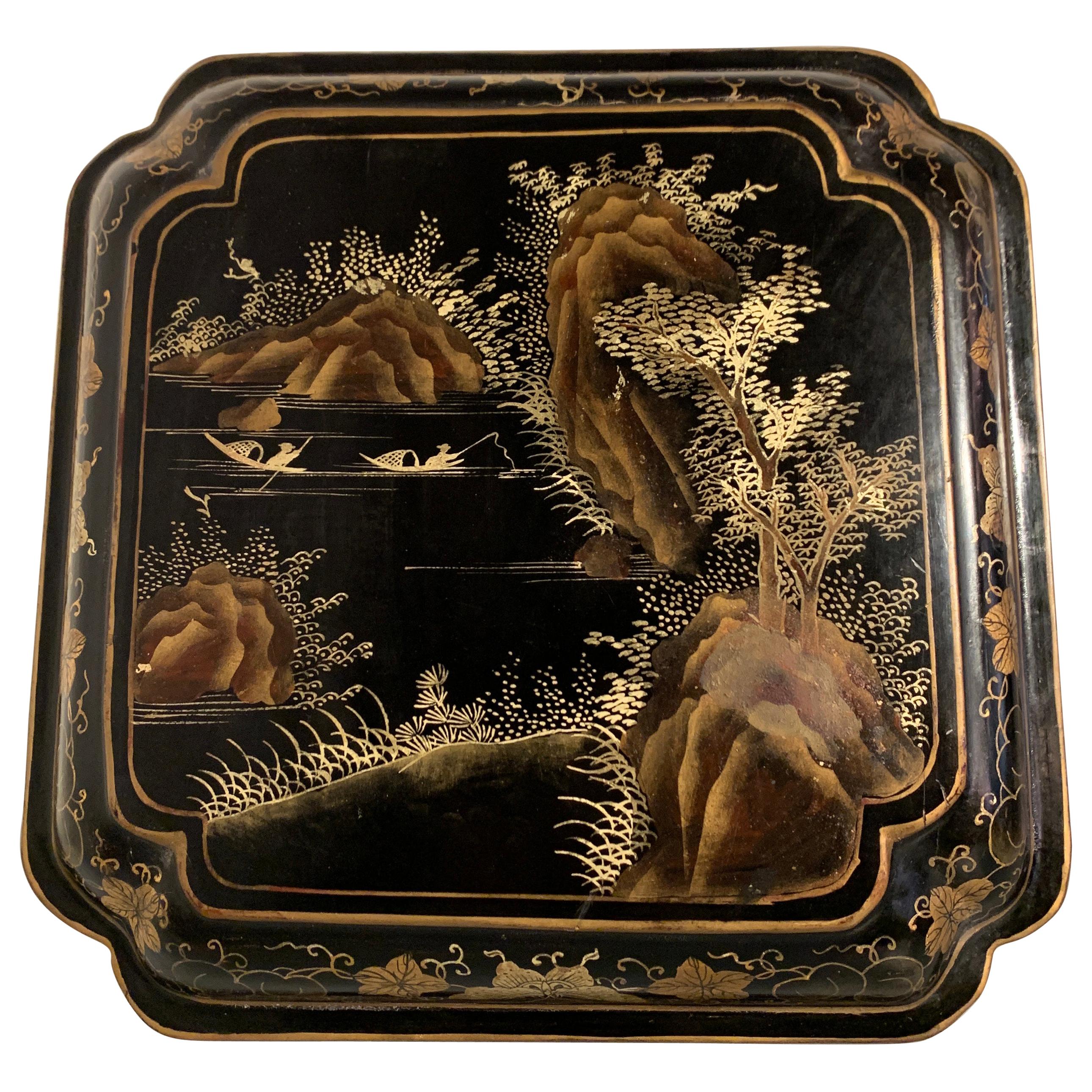 Chinese Export Black Lacquer Gilt Painted Box, Mid 20th Century, China For Sale