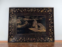 Chinese Export Black Lacquer Tray with Gilt Pavilion Landscape, Canton, 19th C