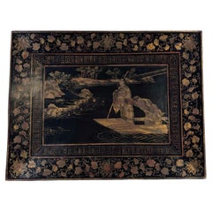 Chinese Export Black Lacquer Tray with Gilt Pavilion Landscape, Canton, 19th C