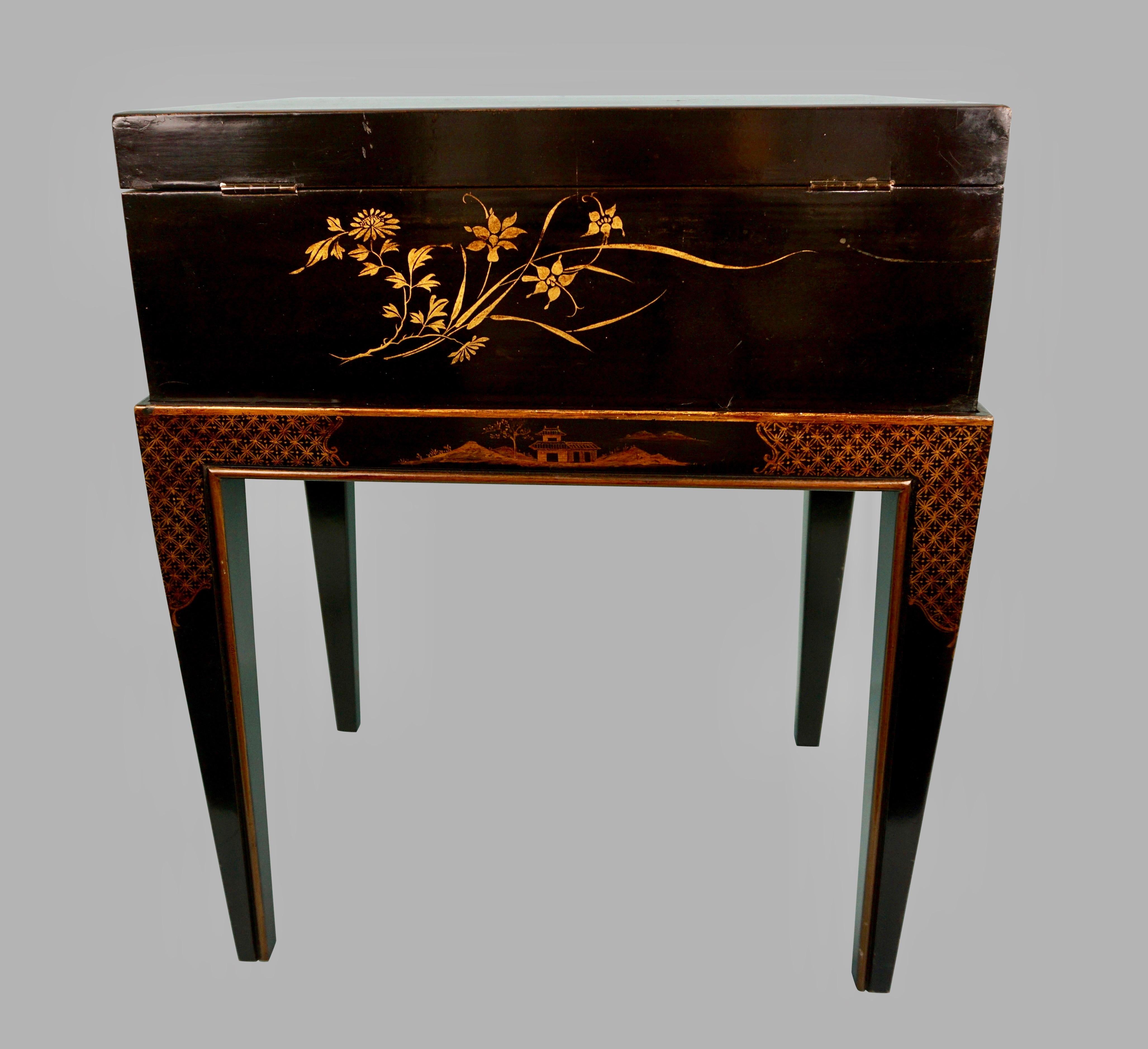 19th Century Chinese Export Black Lacquer Writing or Work Box on Later Custom Stand