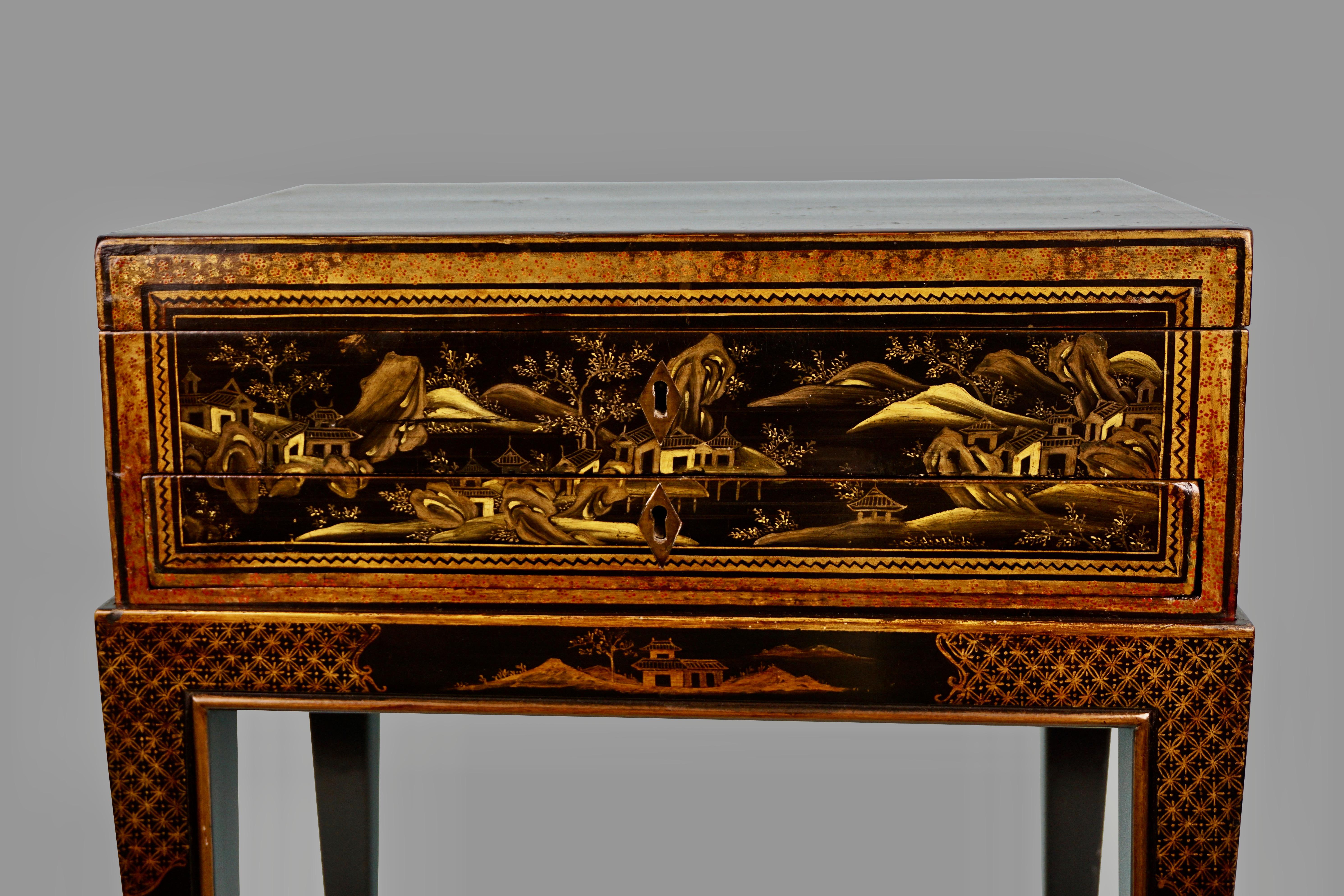Chinese Export Black Lacquer Writing or Work Box on Later Custom Stand 2