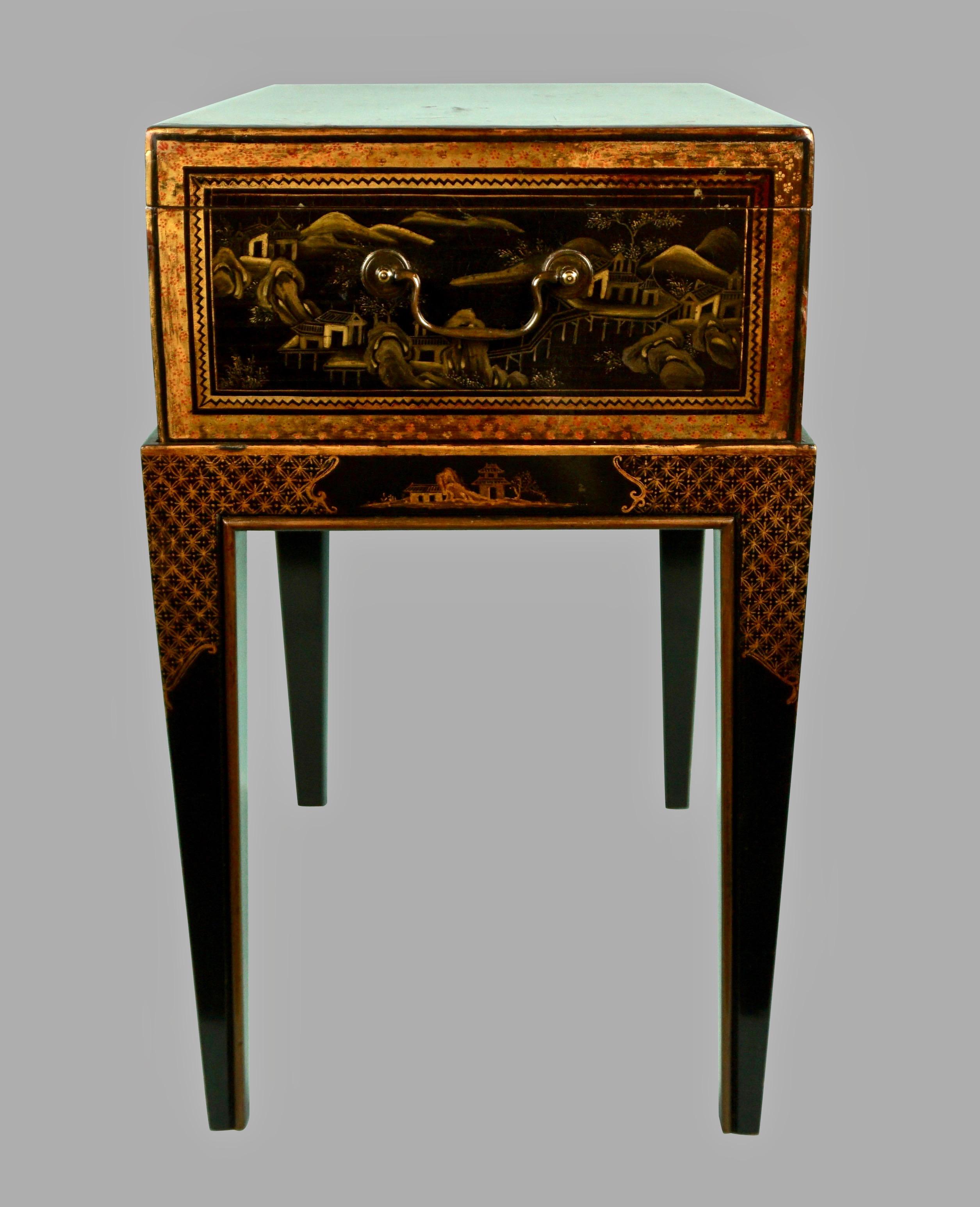 Chinese Export Black Lacquer Writing or Work Box on Later Custom Stand 1