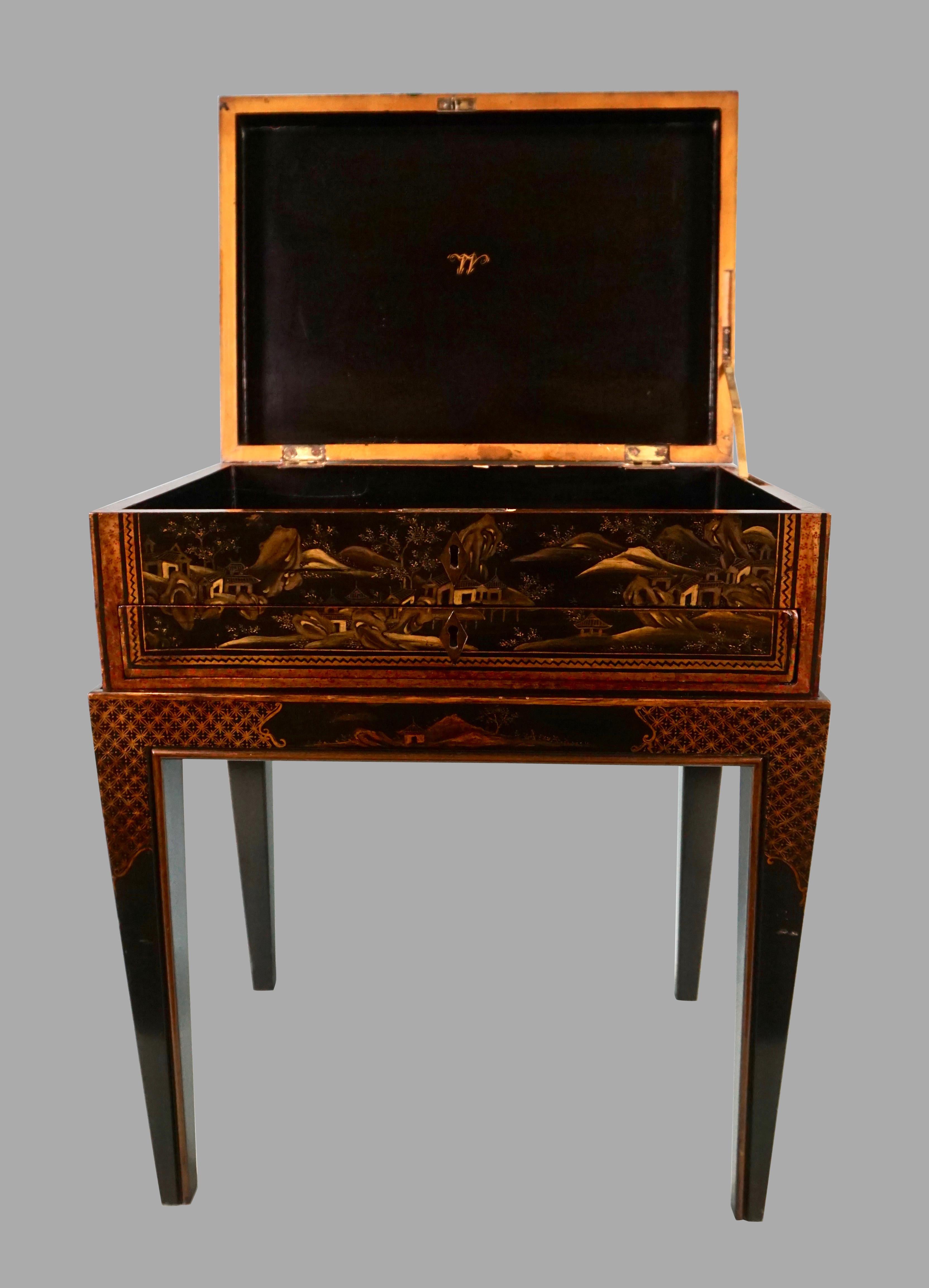 Chinese Export Black Lacquer Writing or Work Box on Later Custom Stand In Good Condition In San Francisco, CA