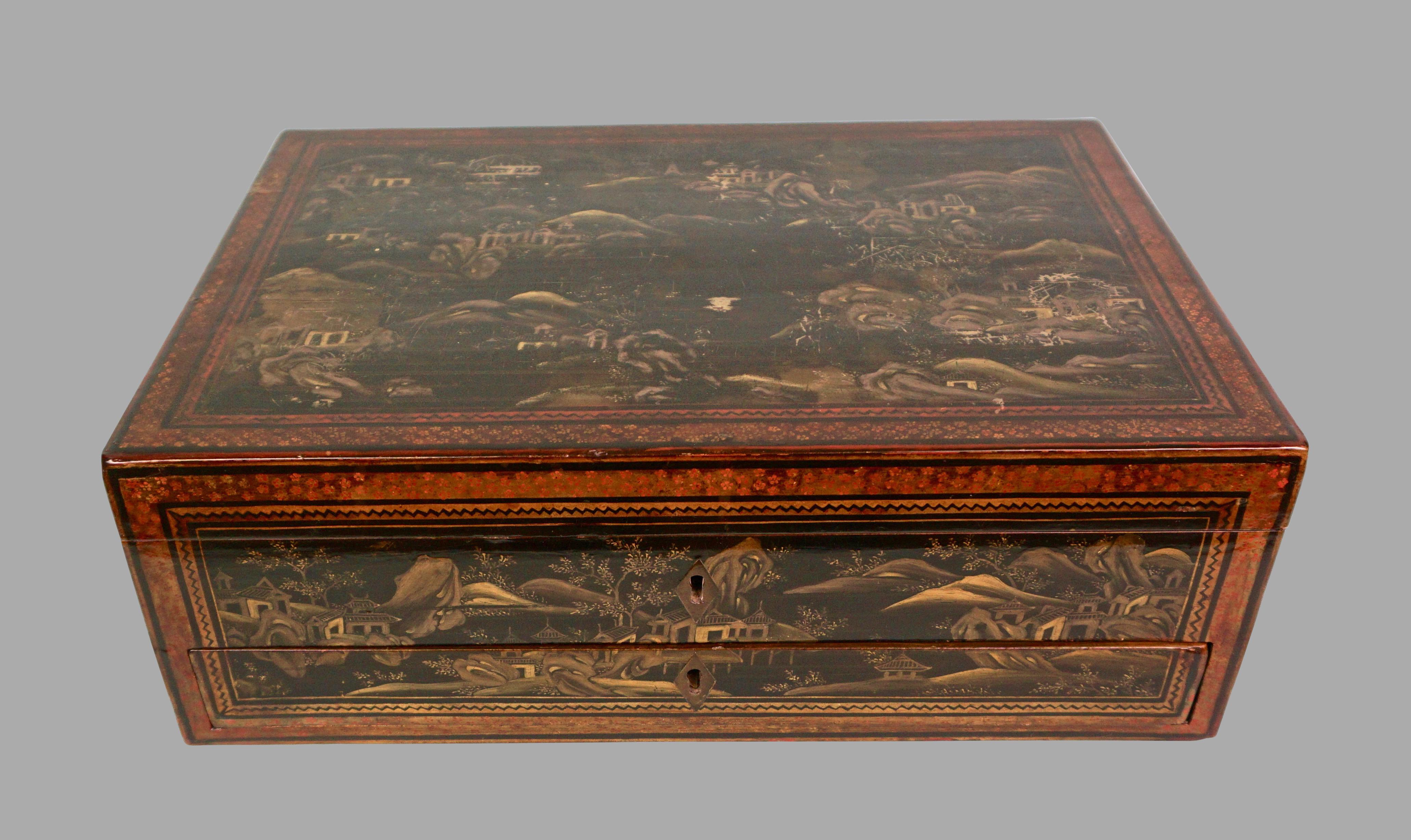 Chinese Export Black Lacquer Writing or Work Box on Later Custom Stand 6