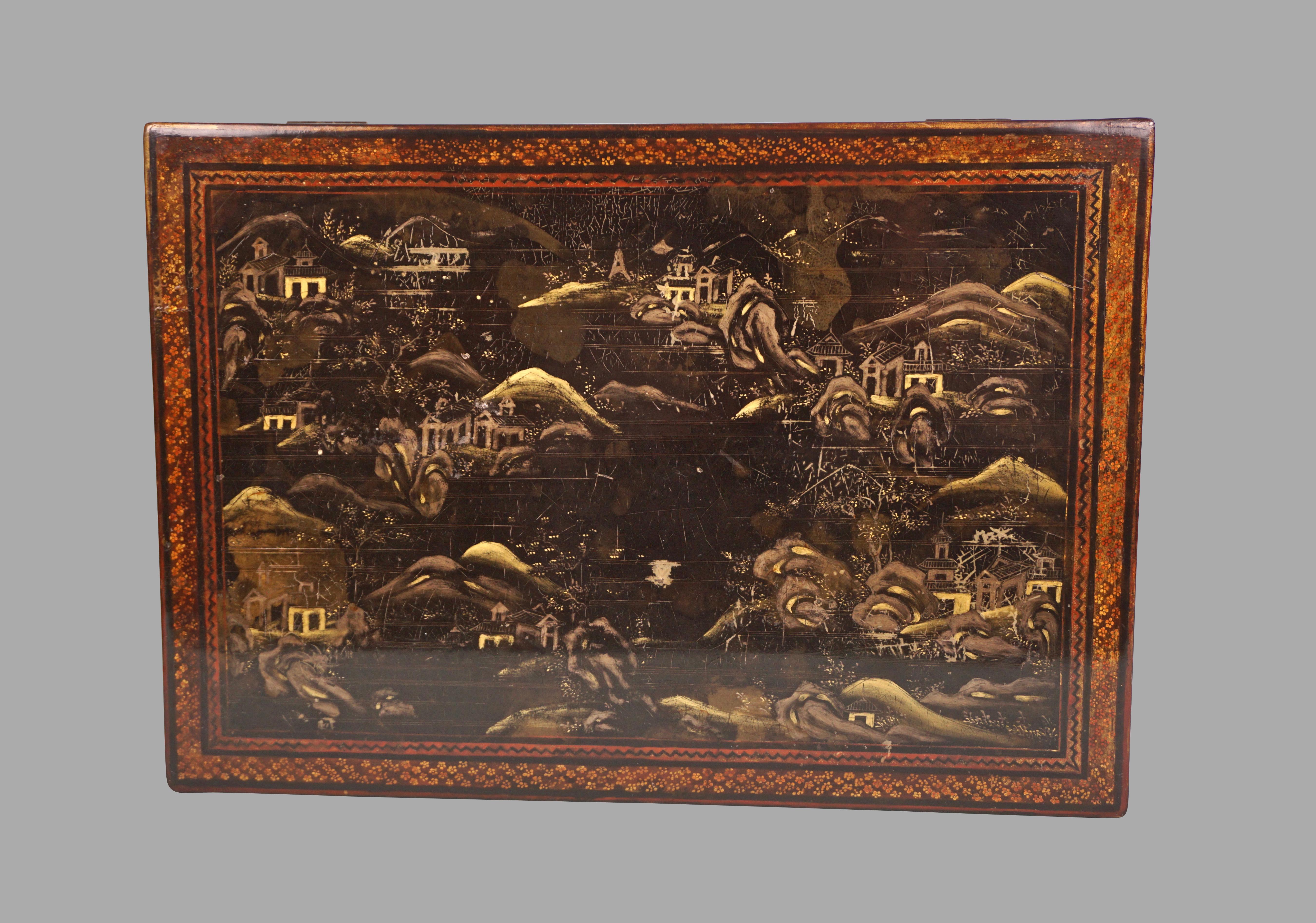 Chinese Export Black Lacquer Writing or Work Box on Later Custom Stand 5
