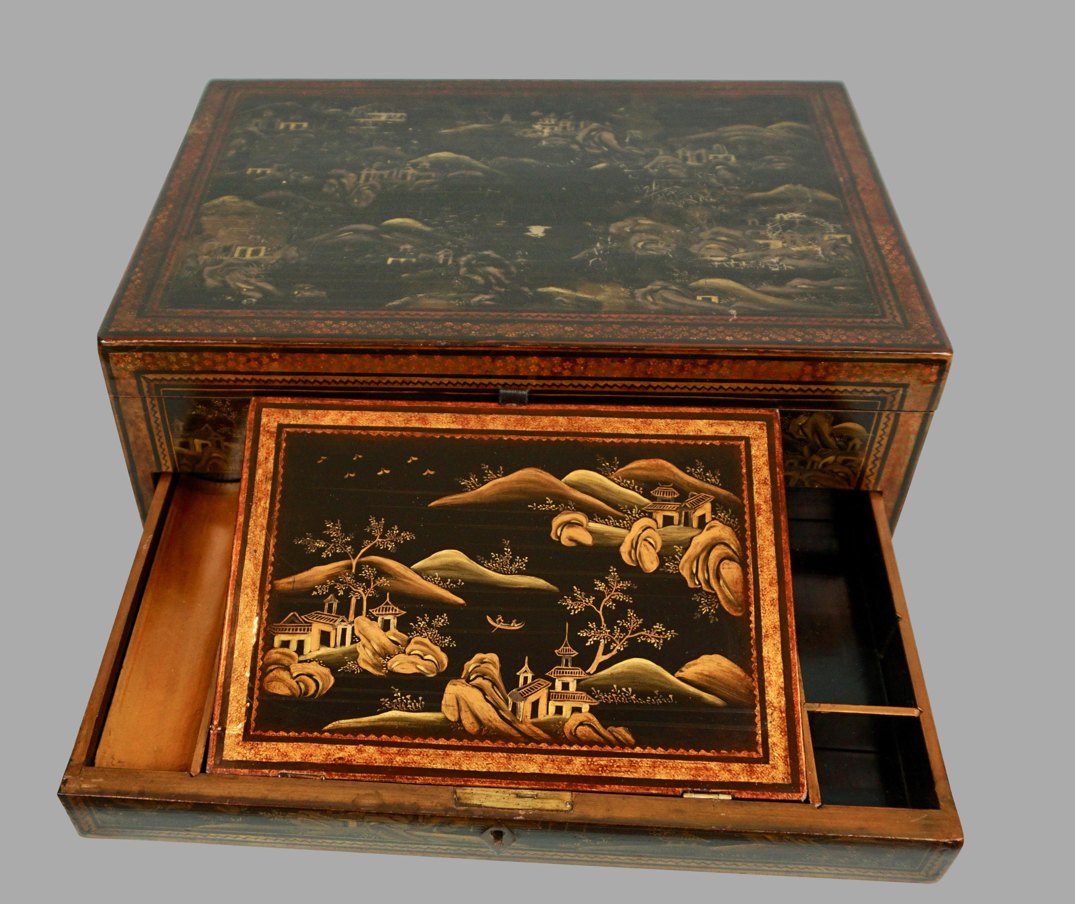 Chinese Export Black Lacquer Writing or Work Box on Later Custom Stand 3