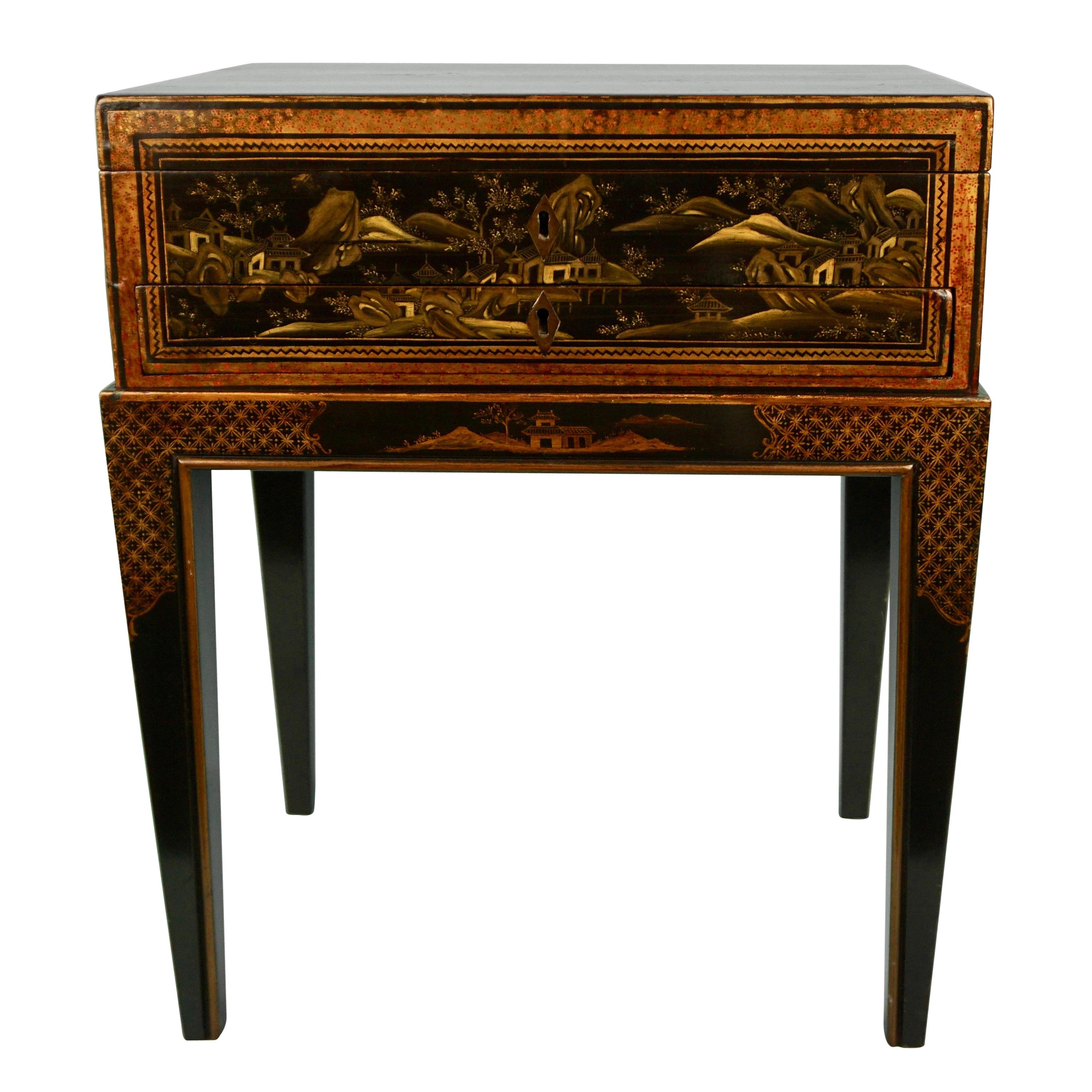 Chinese Export Black Lacquer Writing or Work Box on Later Custom Stand