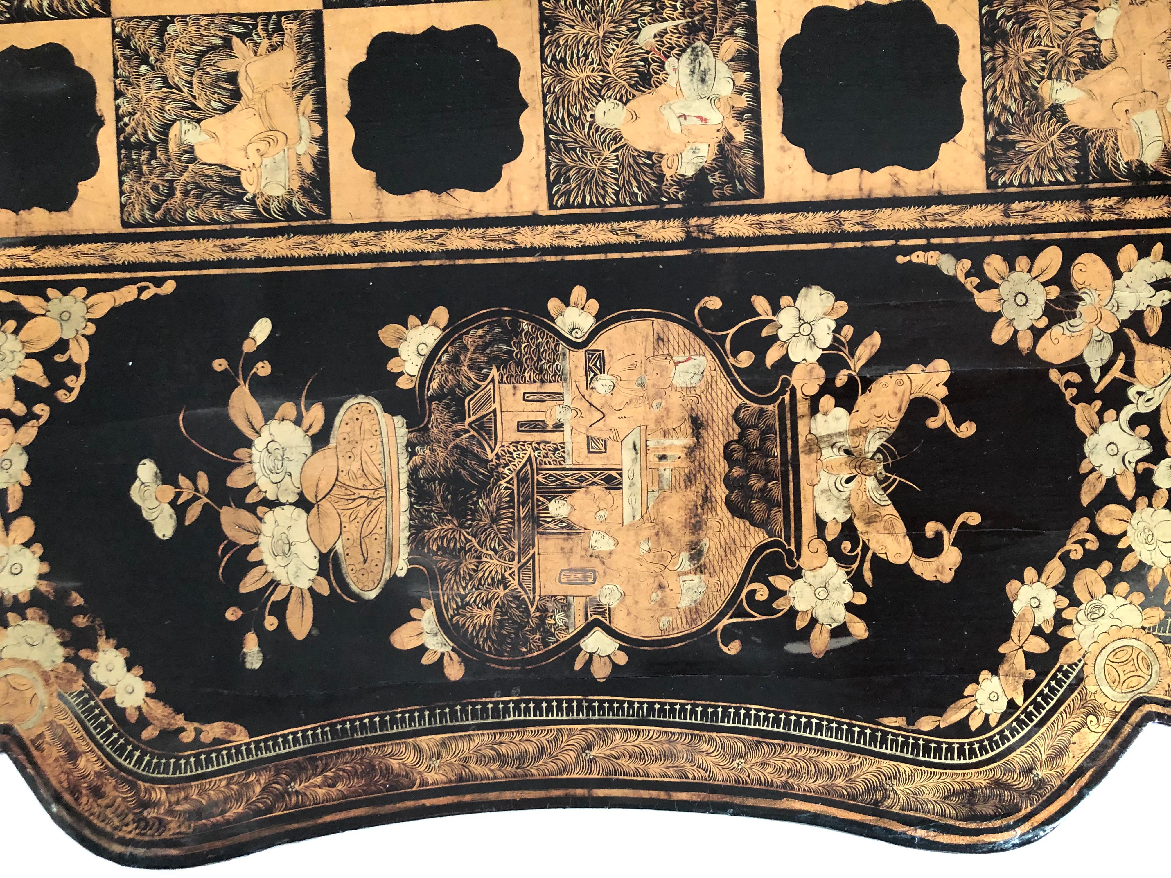 Regency Chinese Export Black Lacquered and Penwork Gilt Games Table, circa 1810