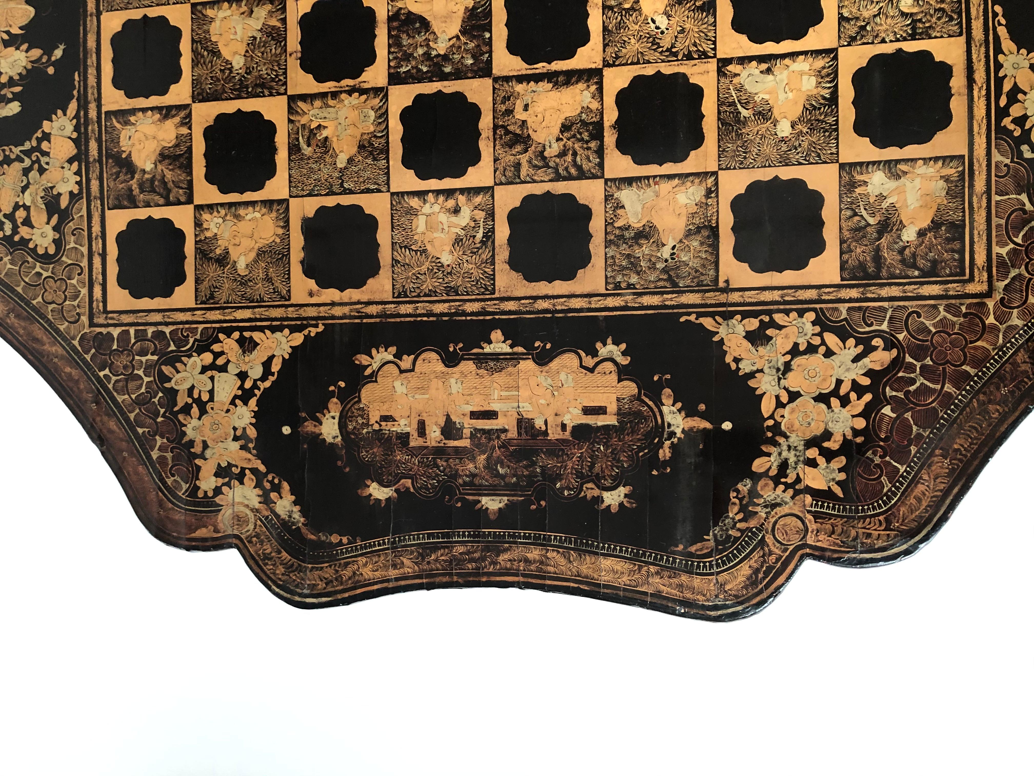 Chinese Export Black Lacquered and Penwork Gilt Games Table, circa 1810 In Good Condition In Essex, MA