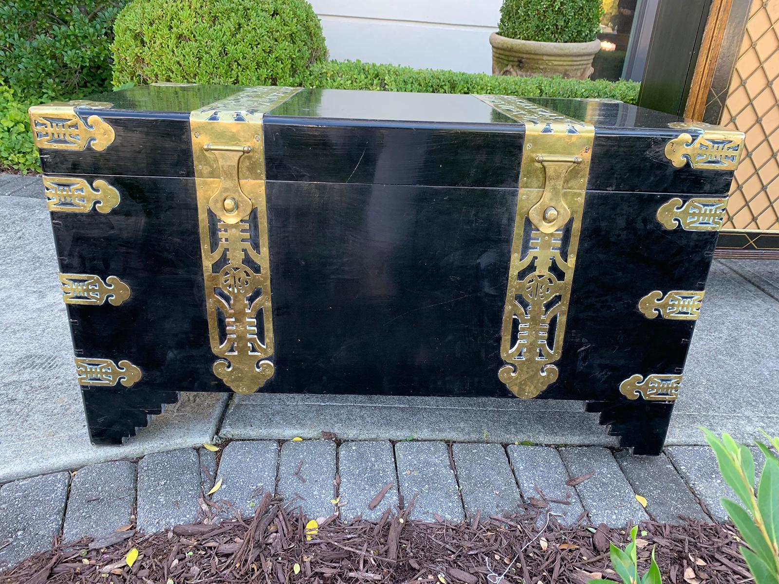 Chinese Export Black Lacquered Camphor Wood and Brass Trunk, circa 1900 For Sale 13