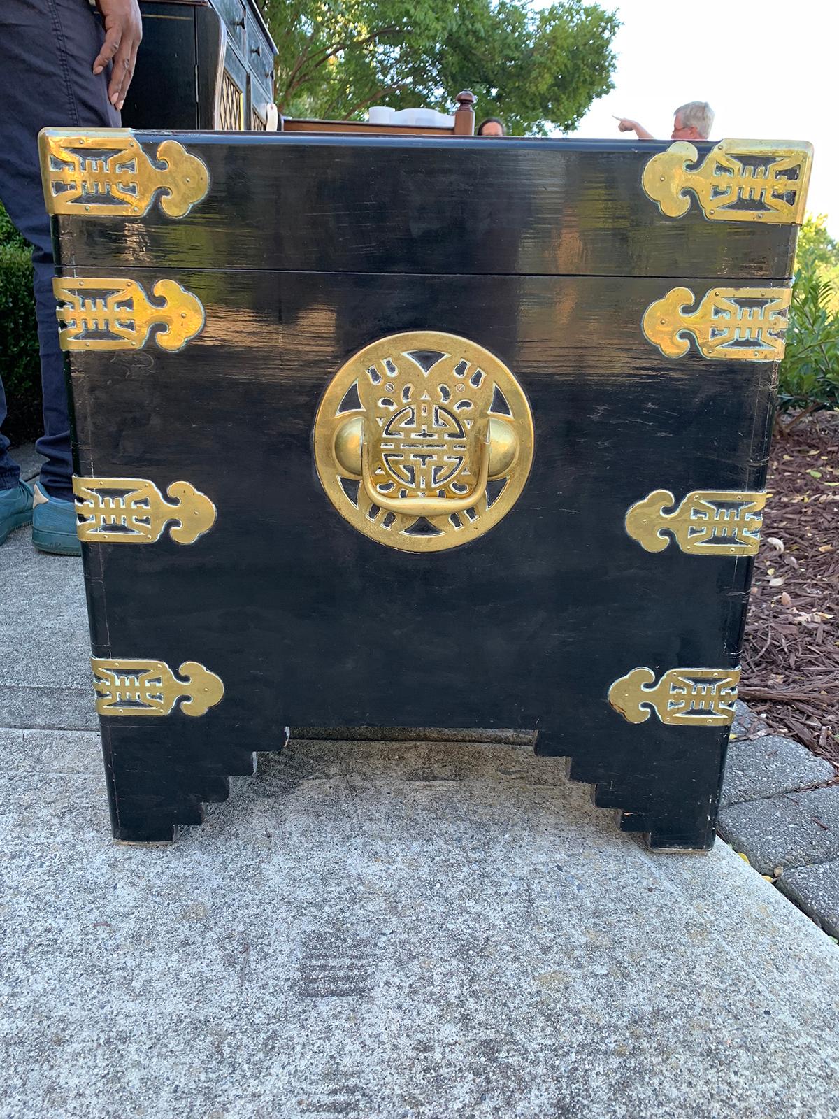 Chinese export black lacquered camphor wood and brass trunk, circa 1900.