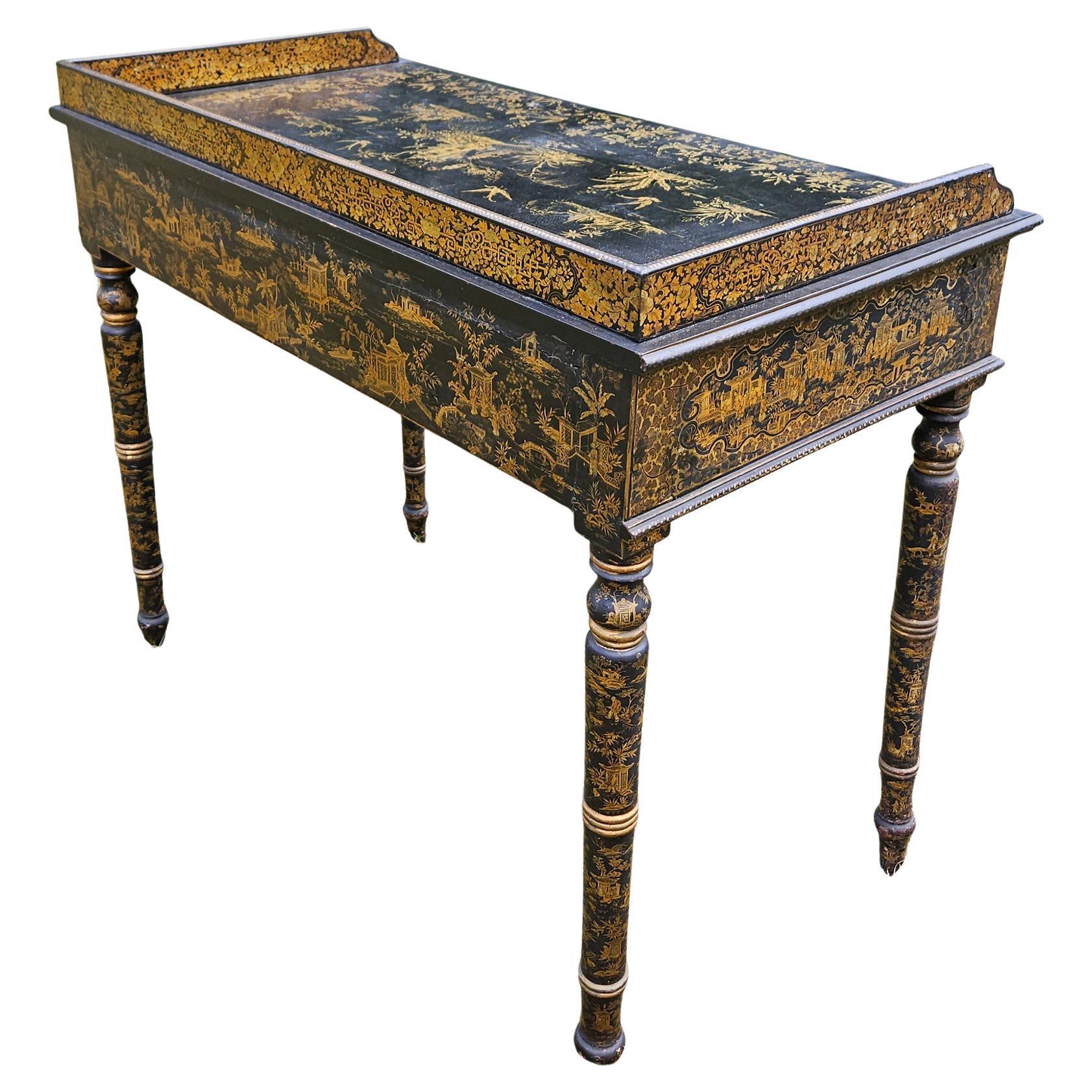 Chinese Export Black Lacquered Writing Table or Desk with Gilt Landscapes For Sale 5