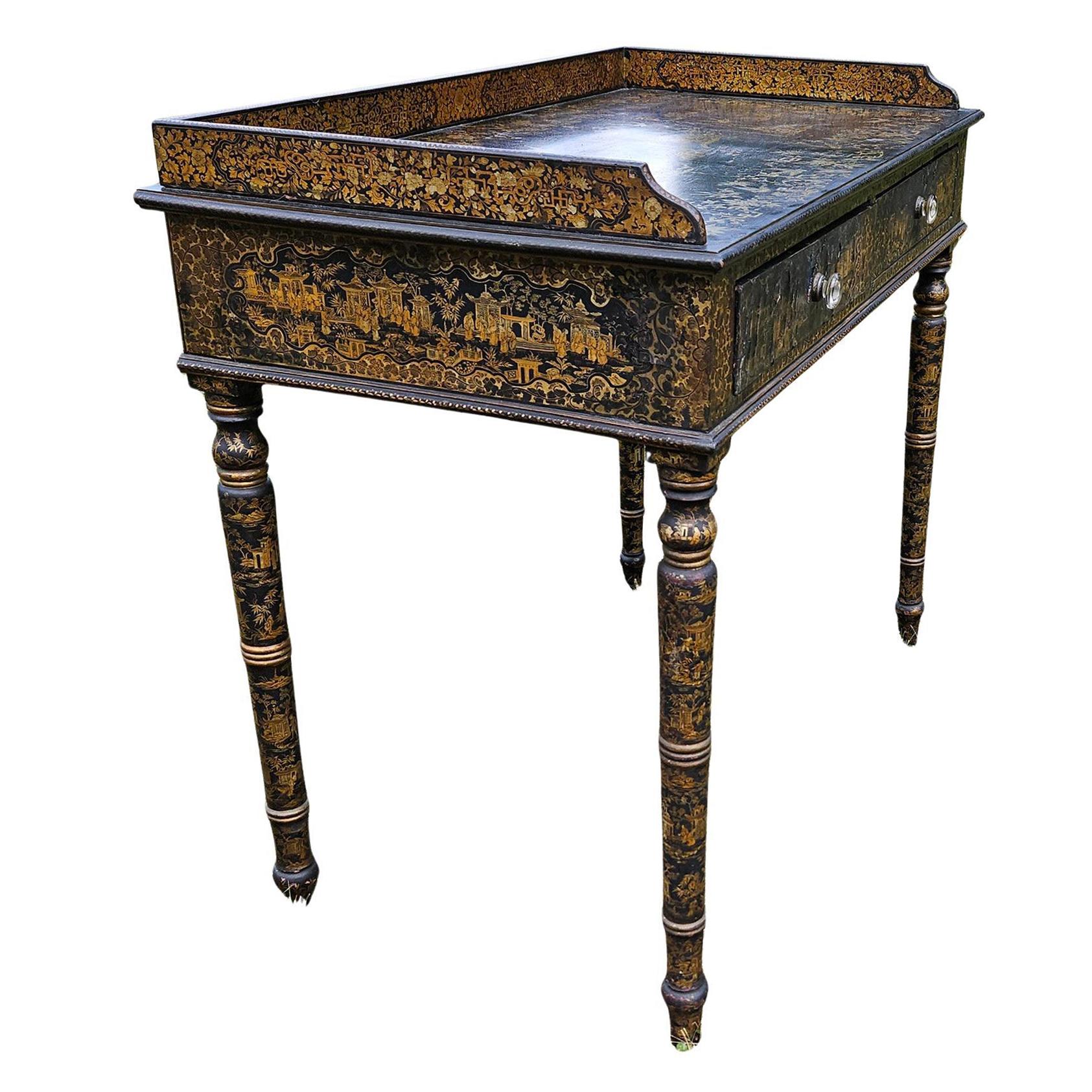 Chinese Export Black Lacquered Writing Table or Desk with Gilt Landscapes For Sale 6