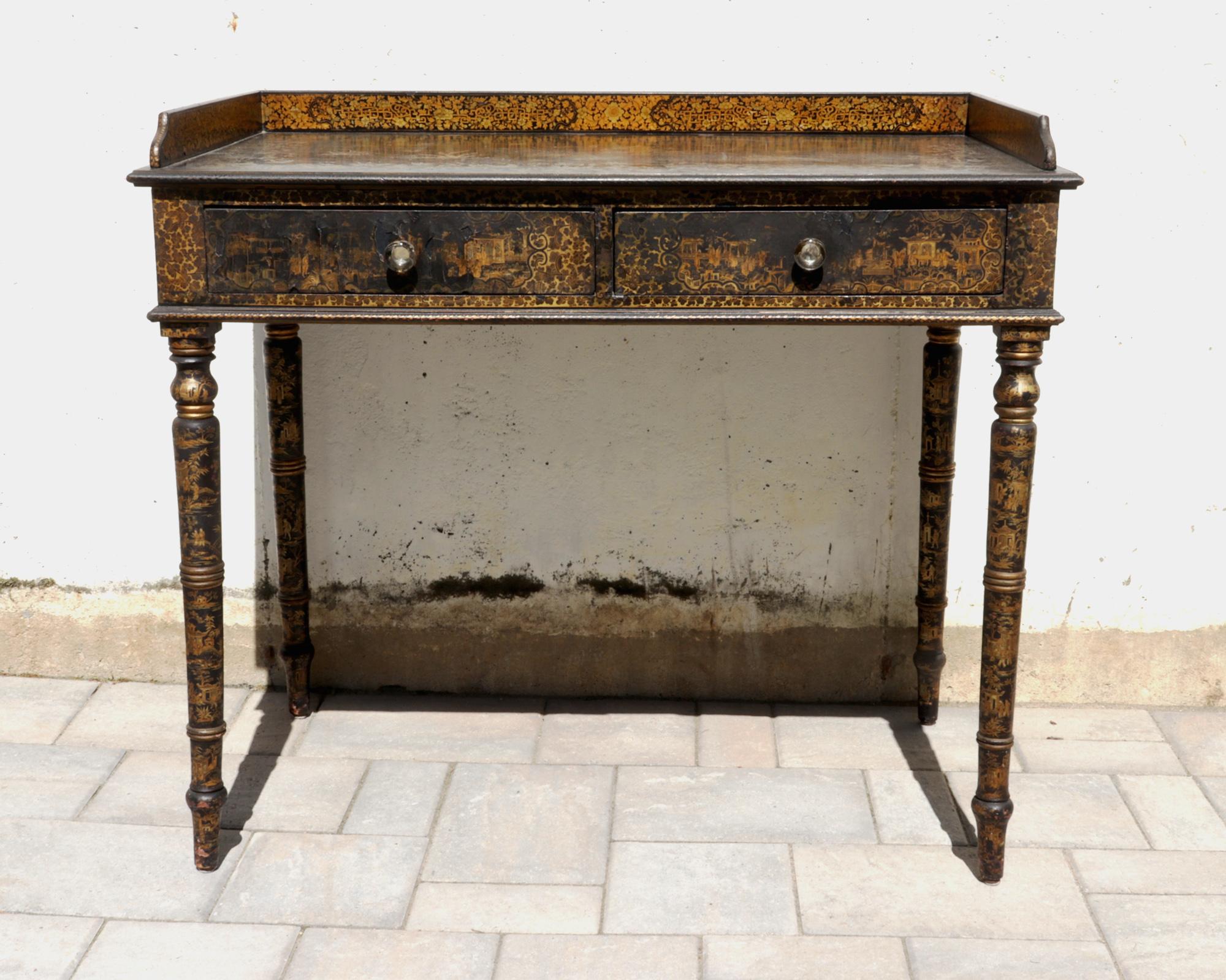 Chinese Export Black Lacquered Writing Table or Desk with Gilt Landscapes For Sale 7