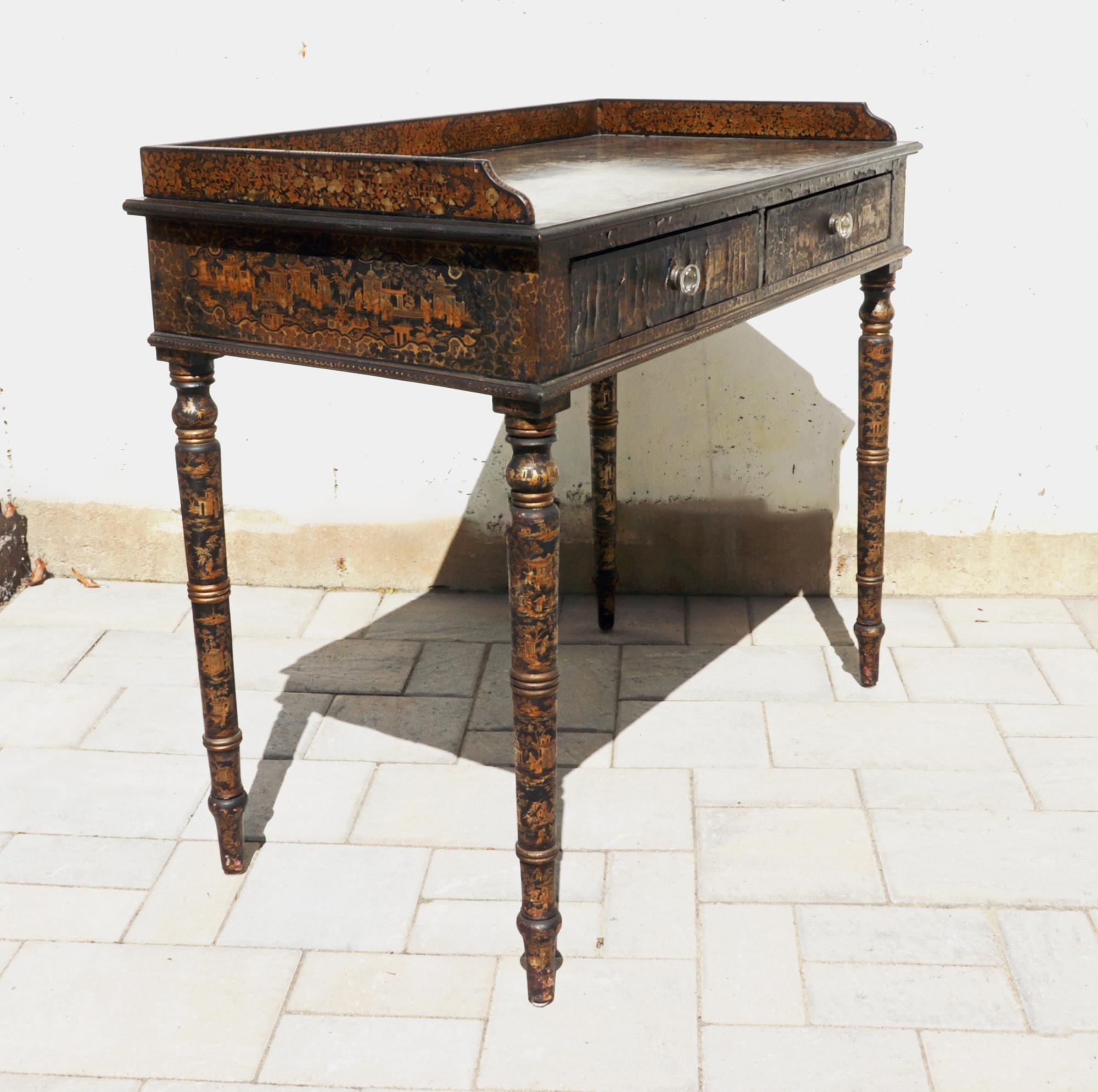 Chinese Export Black Lacquered Writing Table or Desk with Gilt Landscapes For Sale 8