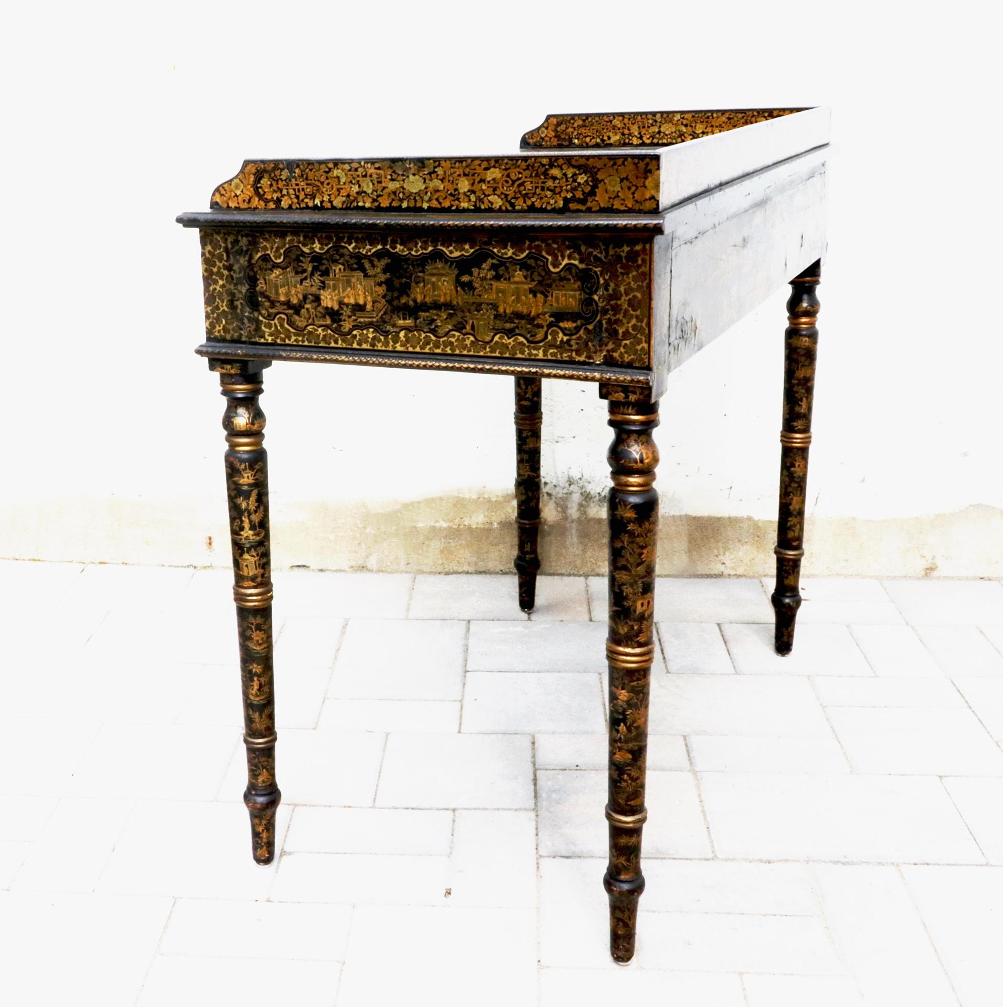 Chinese Export Black Lacquered Writing Table or Desk with Gilt Landscapes For Sale 10