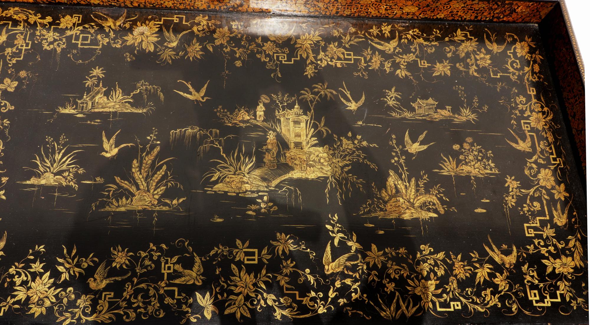 Chinese Export Black Lacquered Writing Table or Desk with Gilt Landscapes For Sale 11