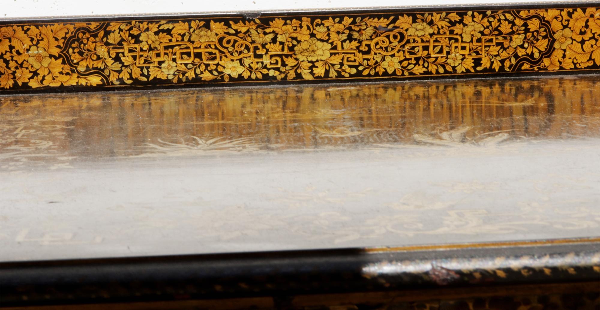 Chinese Export Black Lacquered Writing Table or Desk with Gilt Landscapes For Sale 12