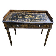 Chinese Export Black Lacquered Writing Table or Desk with Gilt Landscapes