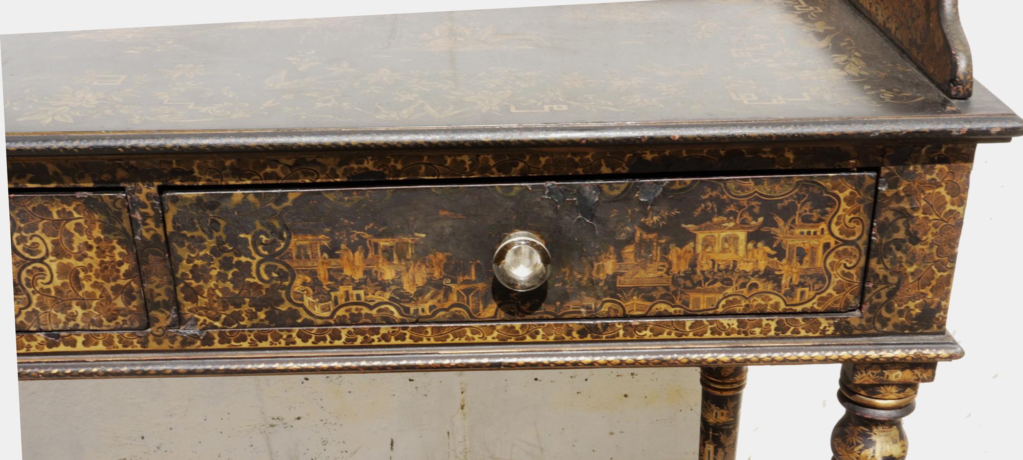 Chinese Export Black Lacquered Writing Table or Desk with Gilt Landscapes For Sale 15