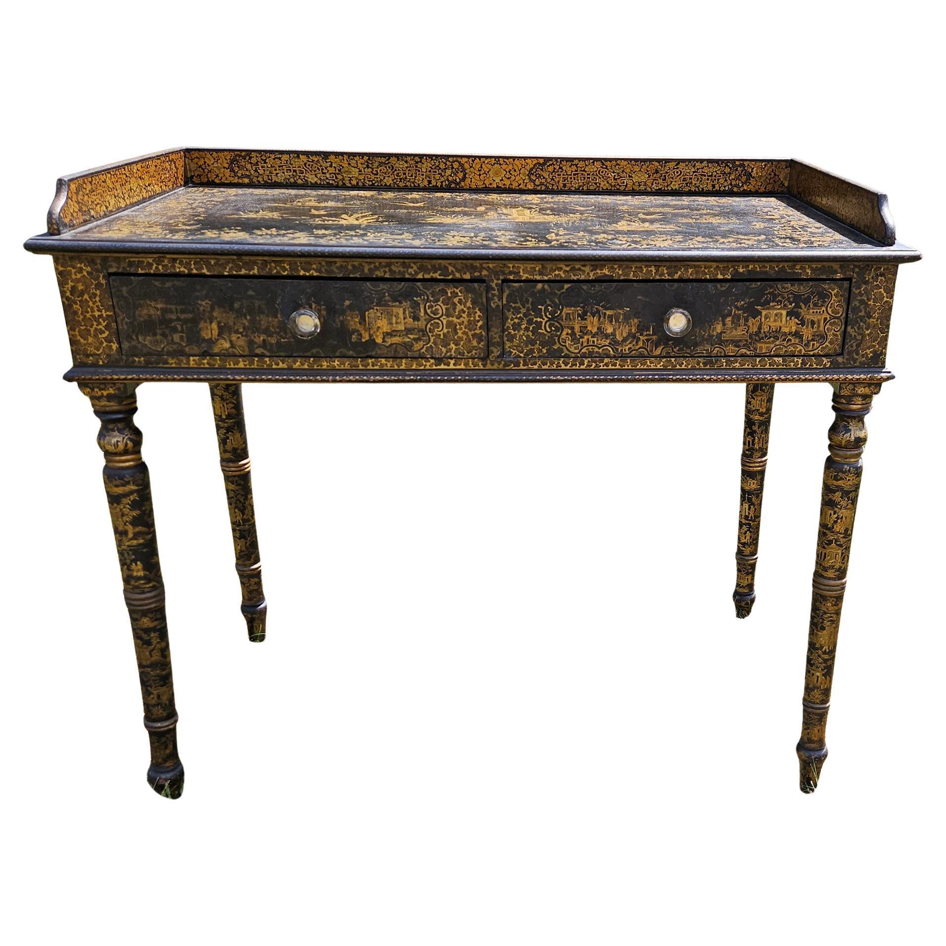 Chinese Export Black Lacquered Writing Table or Desk with Gilt Landscapes In Good Condition For Sale In Downingtown, PA