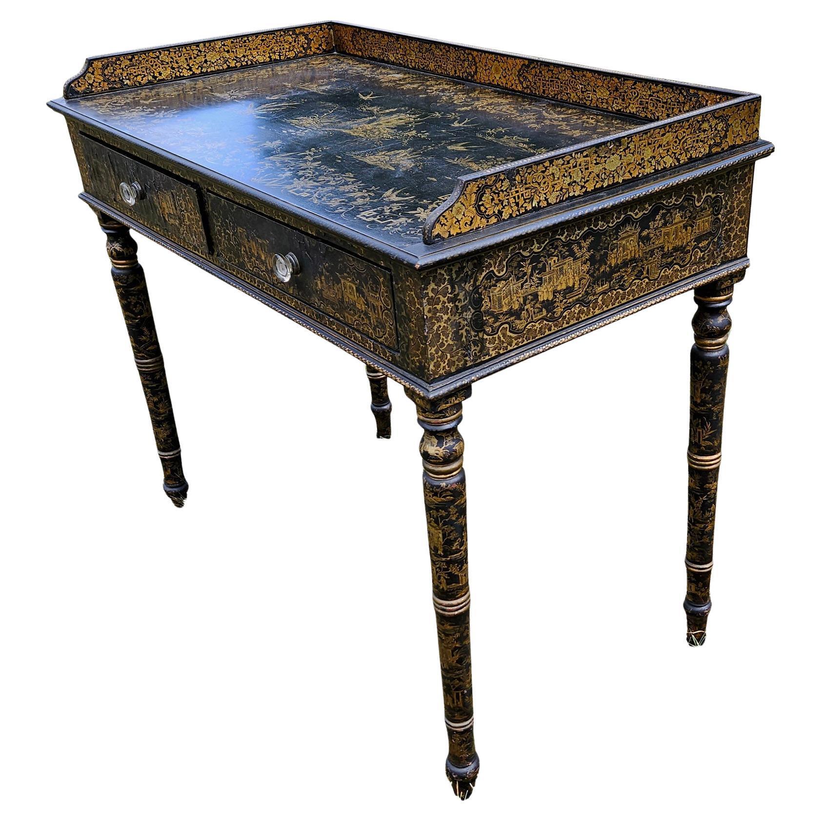19th Century Chinese Export Black Lacquered Writing Table or Desk with Gilt Landscapes For Sale