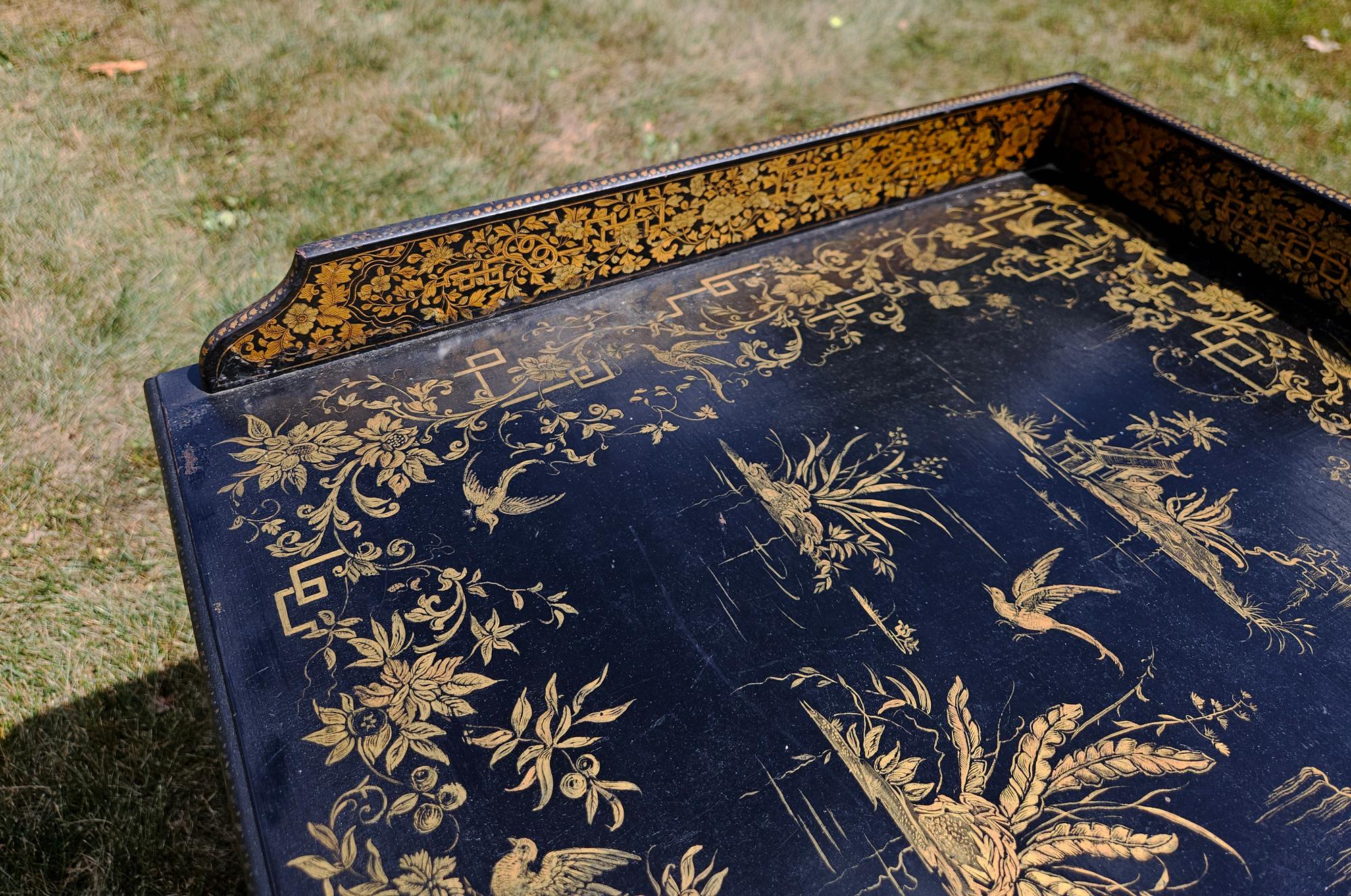 Chinese Export Black Lacquered Writing Table or Desk with Gilt Landscapes For Sale 1