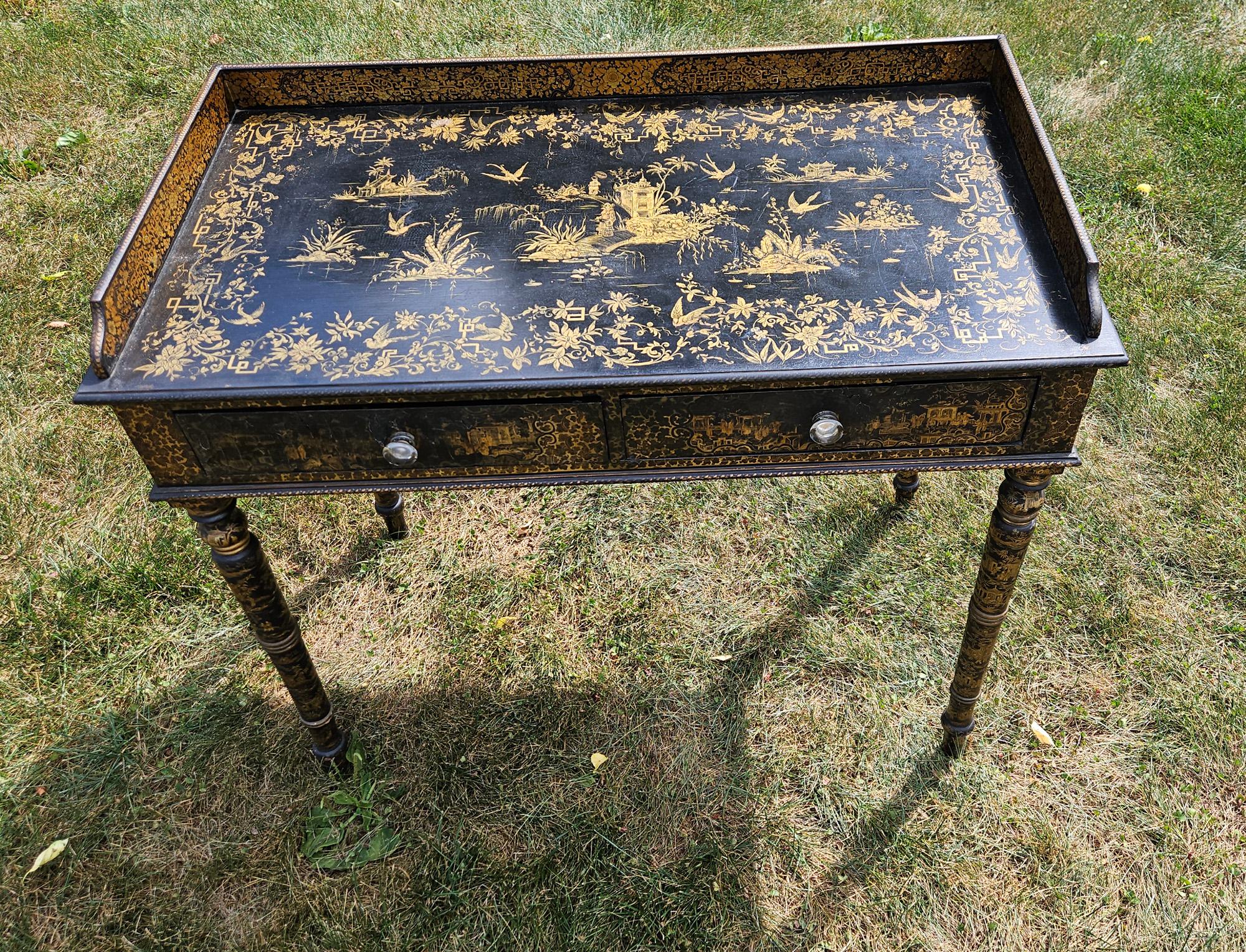 Chinese Export Black Lacquered Writing Table or Desk with Gilt Landscapes For Sale 2