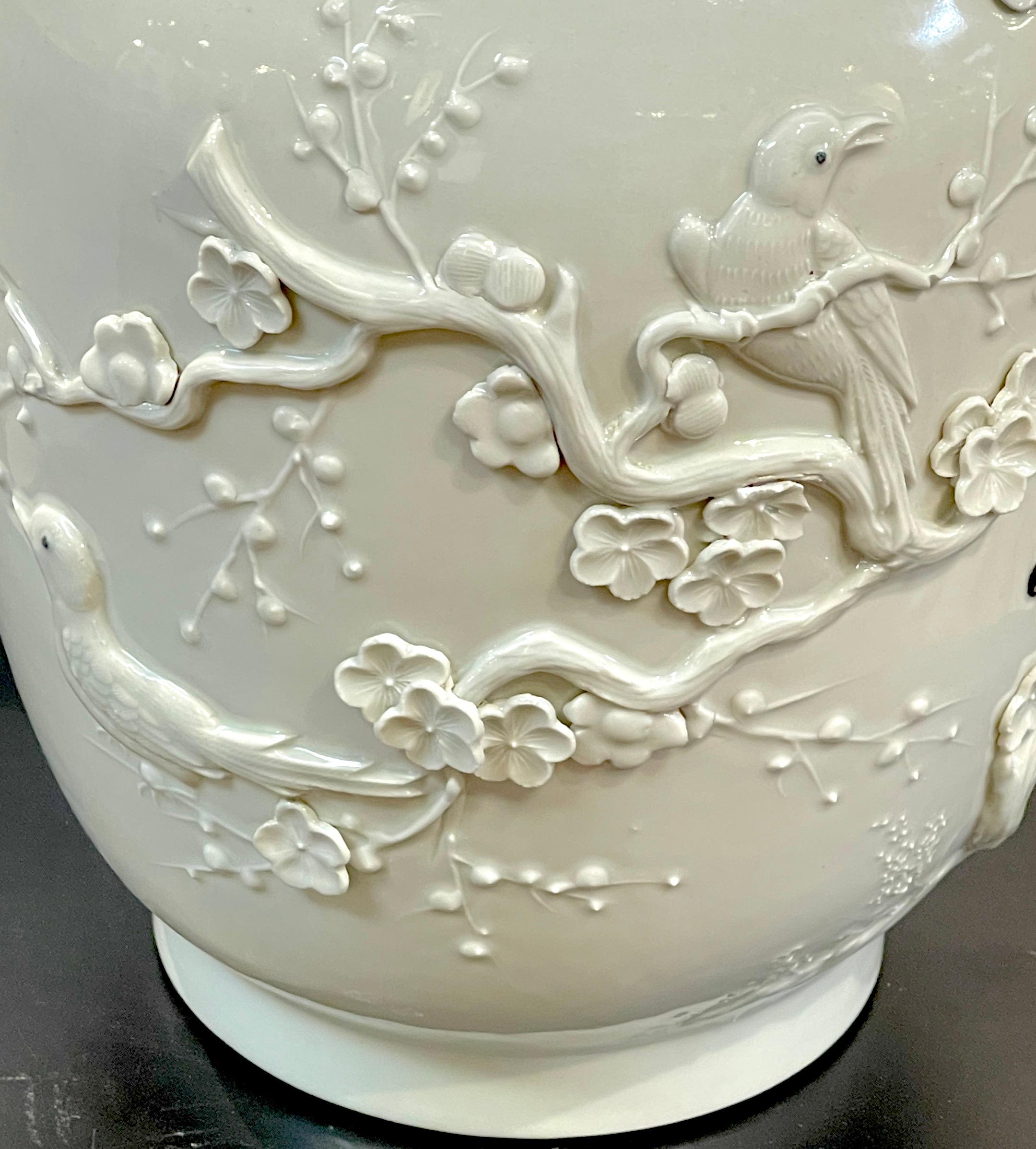 Chinese Export Blanc de Chine Prunus & Bird Motif Relief Vase, Bulbous  For Sale 5